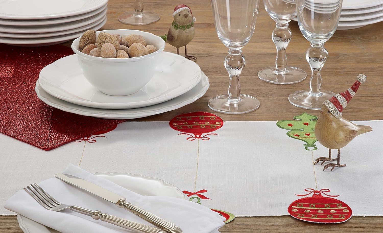 Colorful Embroidered Christmas Ornaments Table Runner