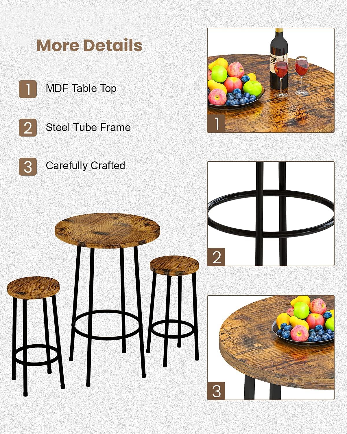 Recaceik 3 Piece Pub Dining Set, Modern Round bar Table and Stools for 2 Kitchen Counter Height Wood Top Bistro Easy Assemble for Breakfast Nook Living Room Small Space Restaurant