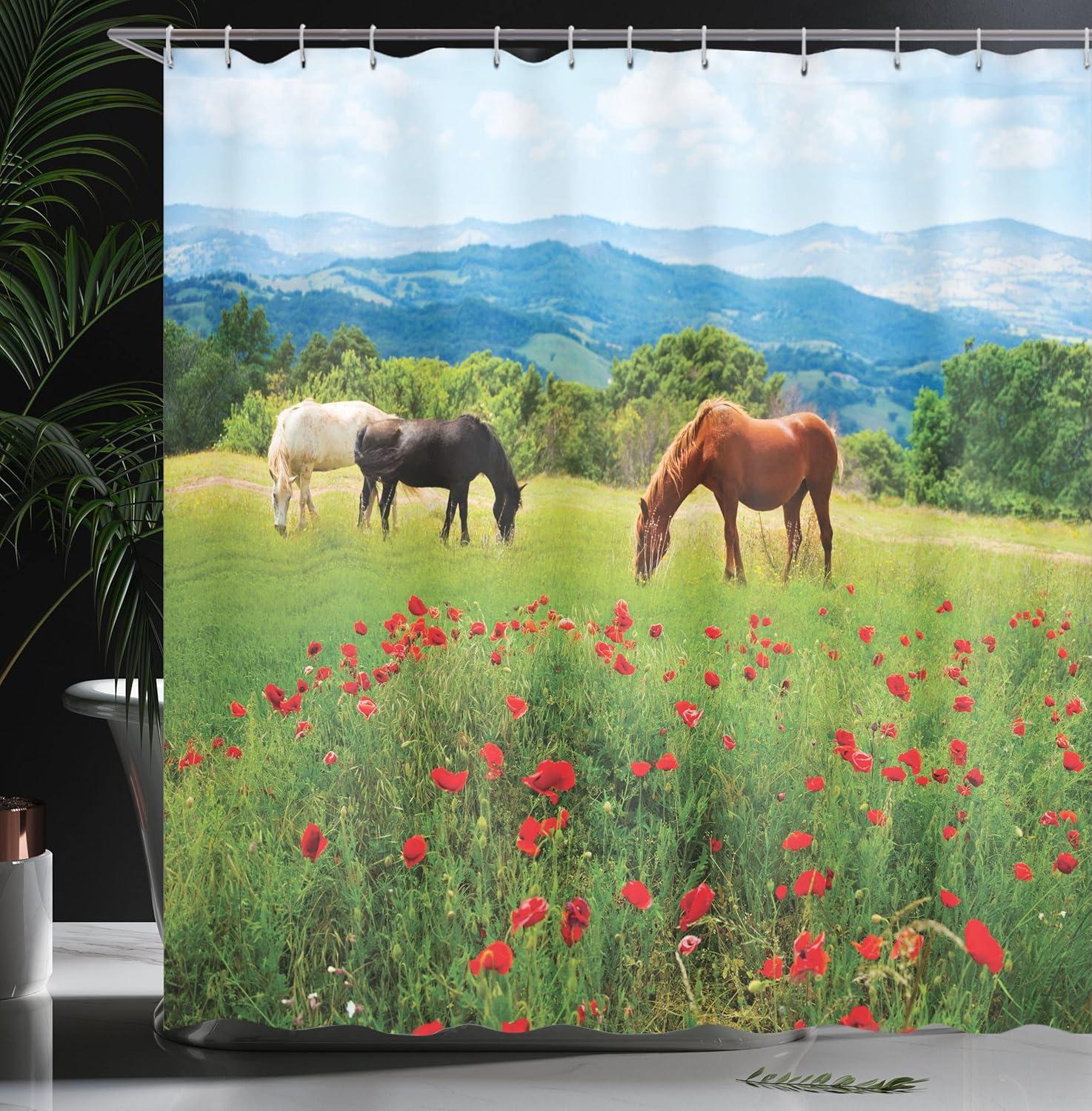 Ambesonne Horse Shower Curtain, Landscape Rural Scene, 69"Wx84"L, Multicolor