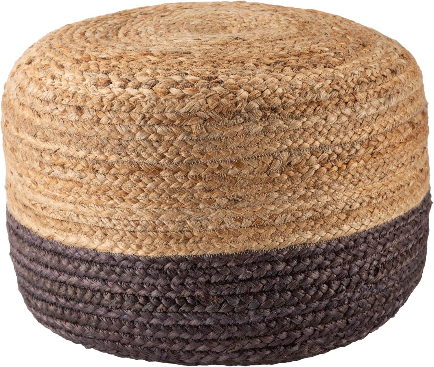 Oliana Dark Gray and Natural Jute Round Pouf, 18"