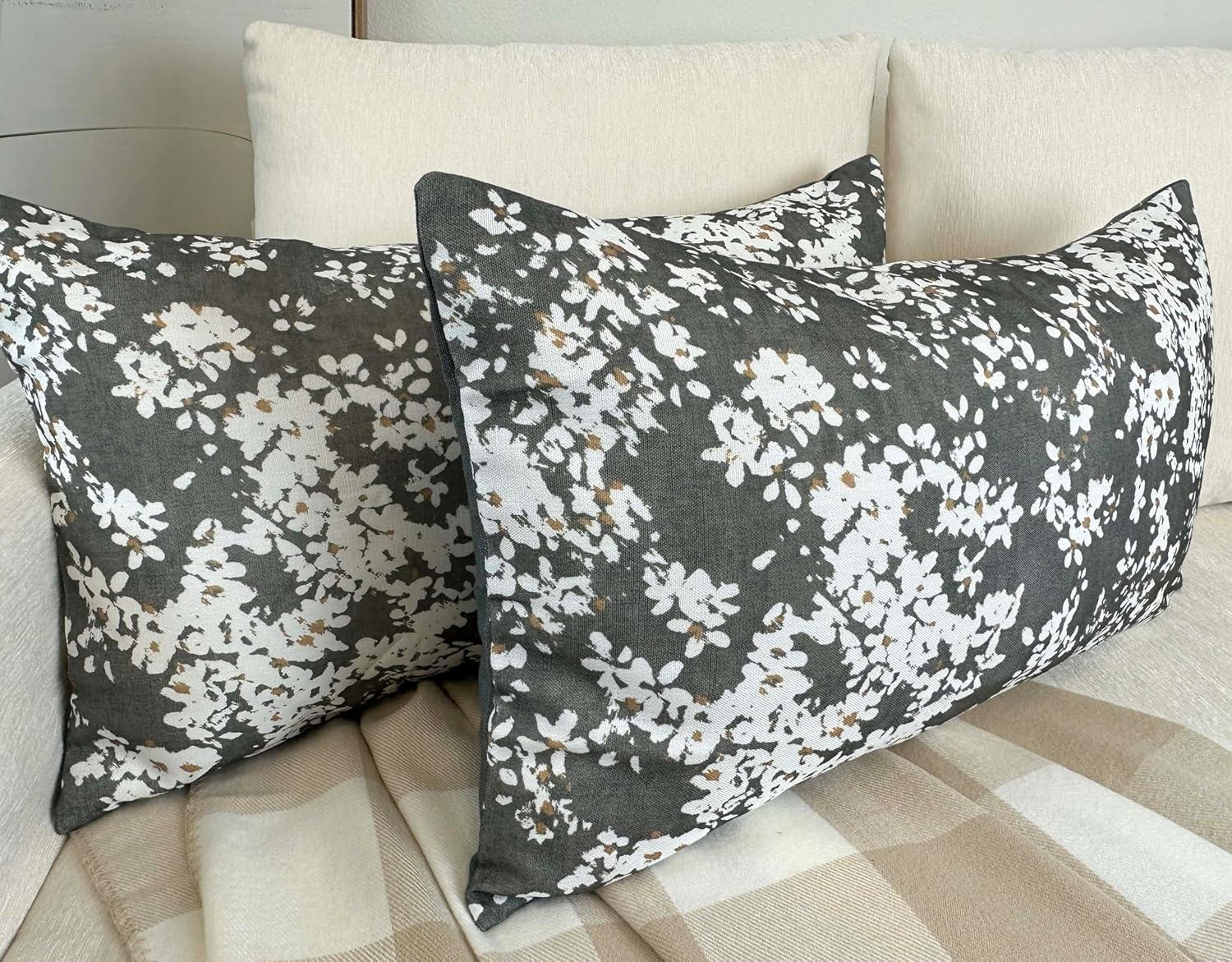 Aiking Set of 2 Printed 14 x 26 inch Decorative Throw Pillow Covers, Blooms Steel Grey