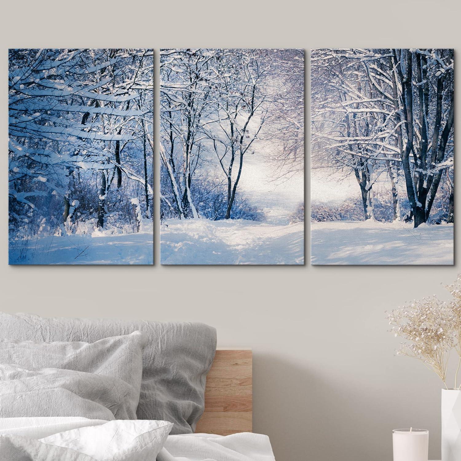 wall26 - 3 Piece Canvas Wall Art - Winter Landscape in Snow Forest. Alley in Snowy Forest - Modern Home Art Stretched and Framed Ready to Hang - 24"x36"x3 Panels