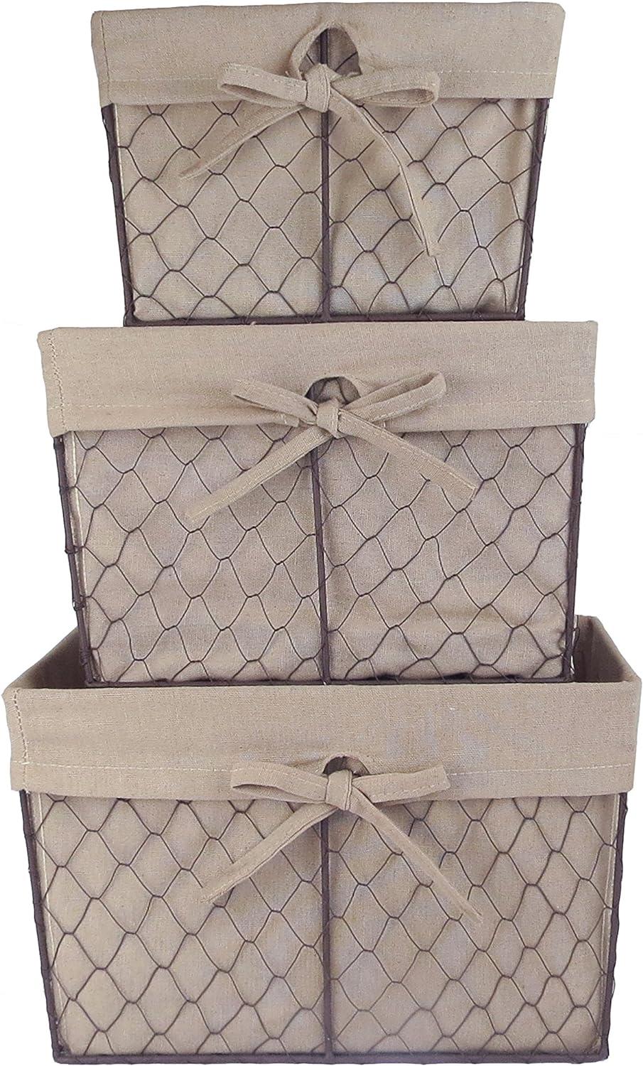 Rustic Country Rectangular Wire Basket Set with Beige Liners, Set of 3