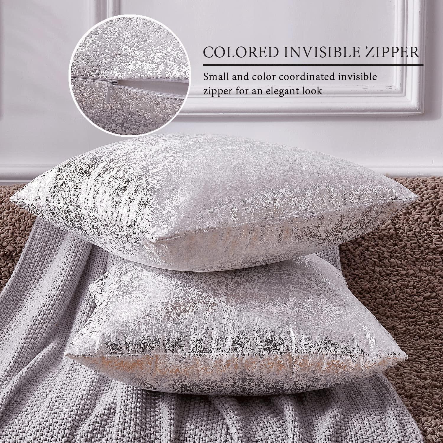 Silver Velvet Bliss Pillow Covers - Set of 2 White 18x18 Decorative Square Throw Pillows for Home Decor. Ideal for Bedroom, Living Room, Couch, Bed, and Sofa. Luxurious White and Silver Design.