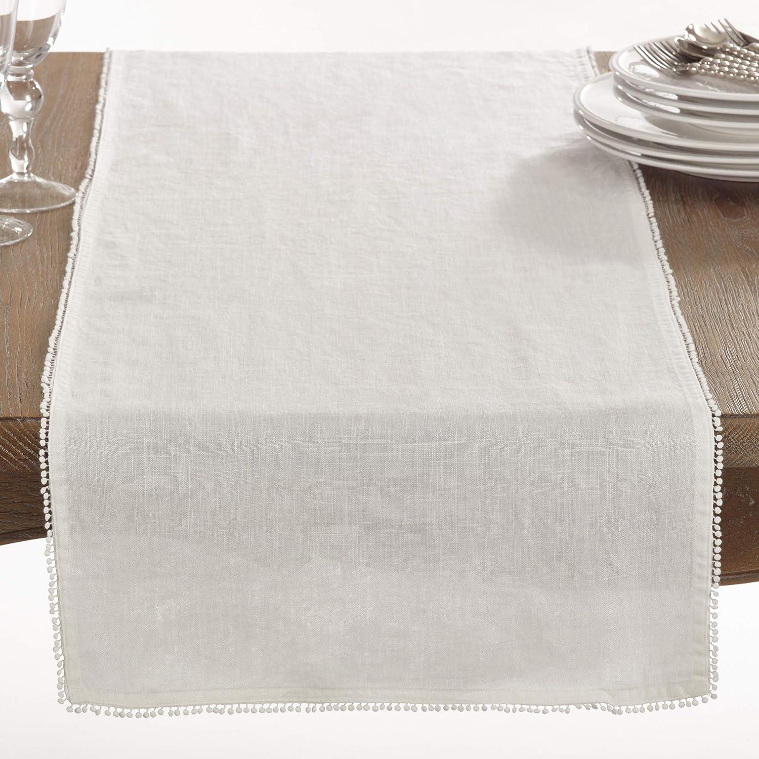 Ivory Linen Pompom Design Table Runner, 16 x 72 Inches