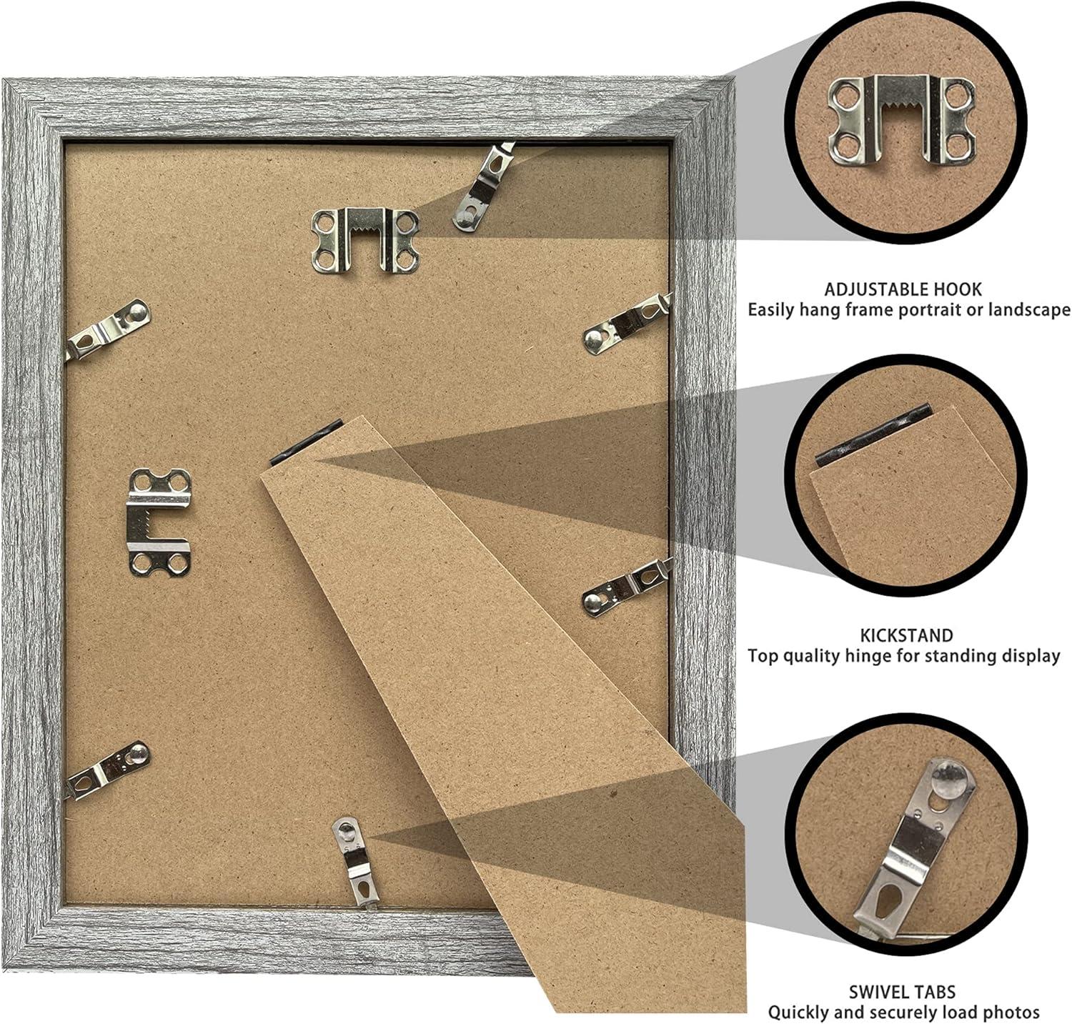 8x10 Picture Frame Set of 4, Made of Real Glass and Grey Wooden Frame, 8 by 10 Photo for Wall or Tabletop - Display Picture 5x7 with Mat or 8x10 Without Mat