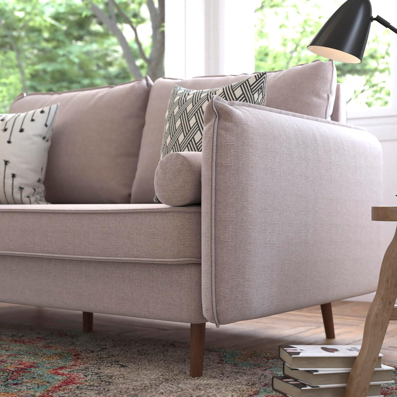 Flash Furniture Evie Mid-Century Modern Sofa with Faux Linen Fabric Upholstery & Solid Wood Legs in Taupe
