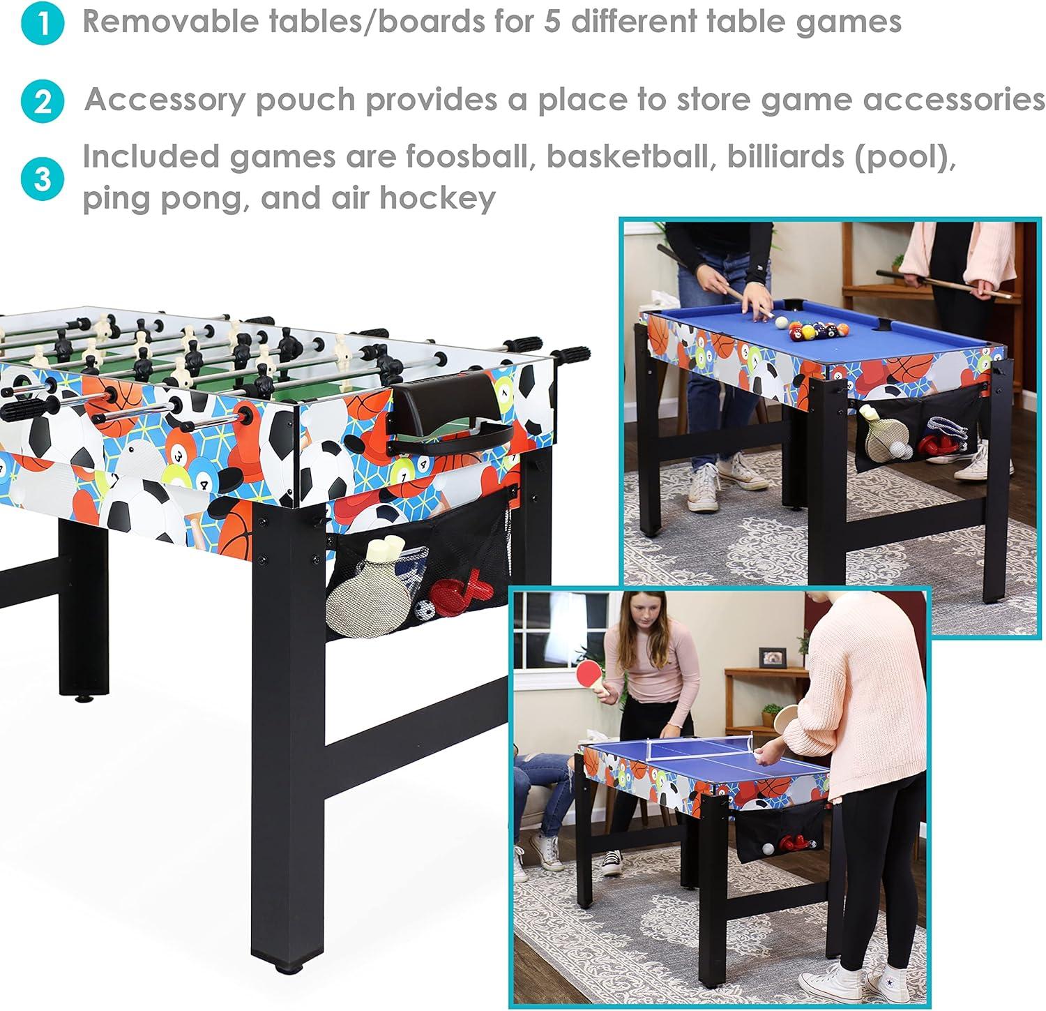 Sunnydaze Indoor Sport Collage 2-Player 5-in-1 Multi-Game Table with Billiards, Push Hockey, Foosball, Ping Pong, and Basketball - 45"