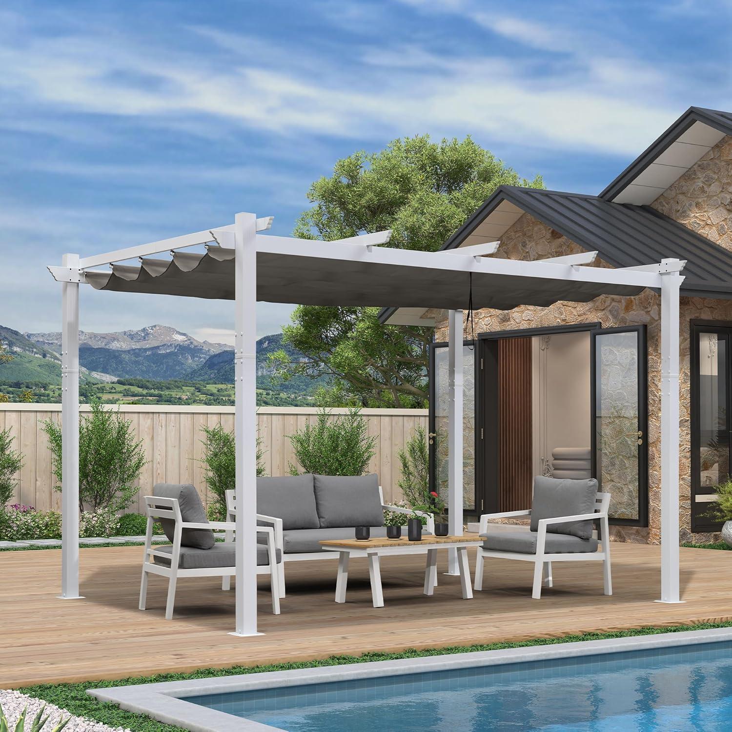 PURPLE LEAF Pergola 10' X 13' Outdoor Retractable Metal Patio Pergola with Shade Cover for Garden Yard Pavilion Grill for Beach Deck Gazebo, Terra