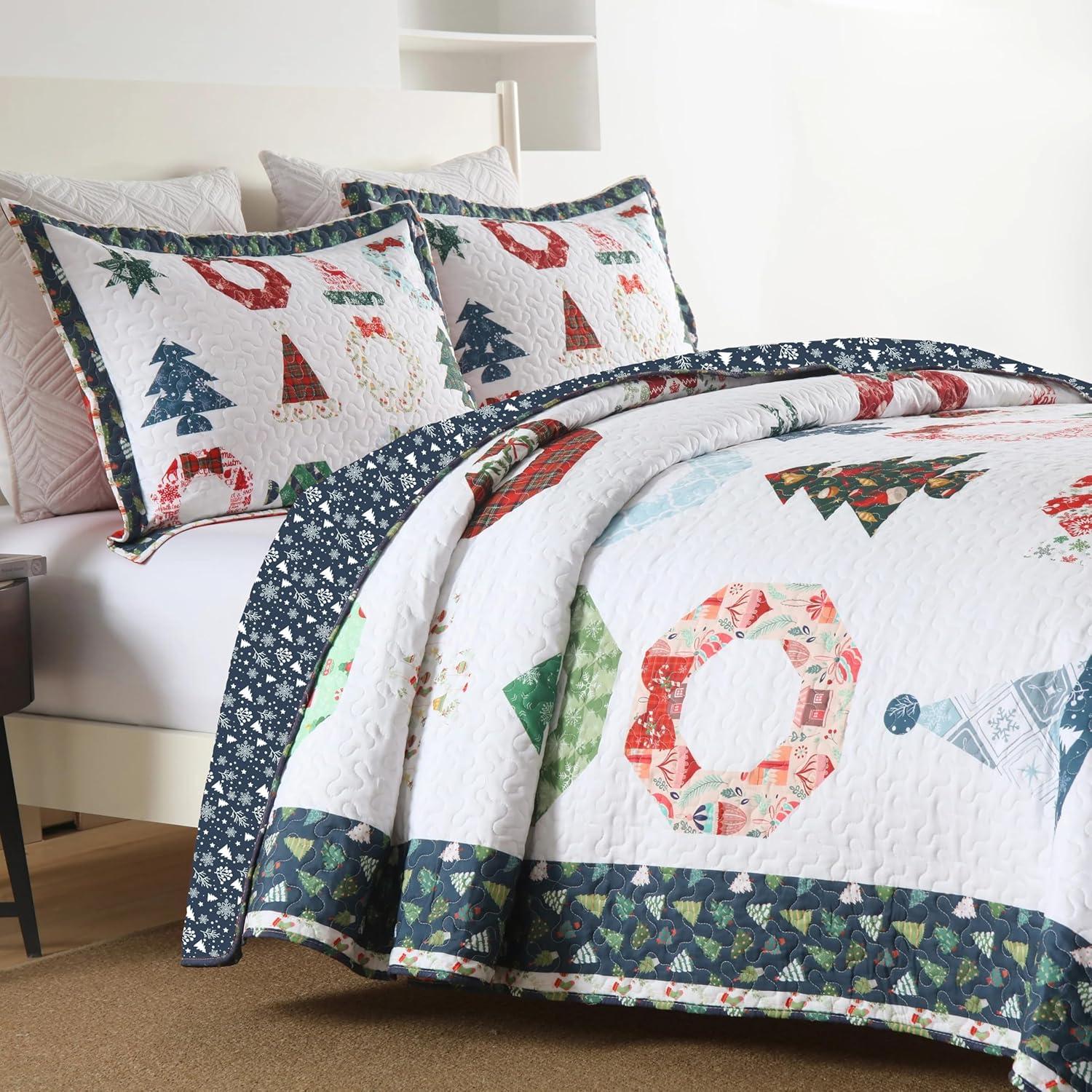 Blue Reversible Queen Christmas Quilt Bedspread Set