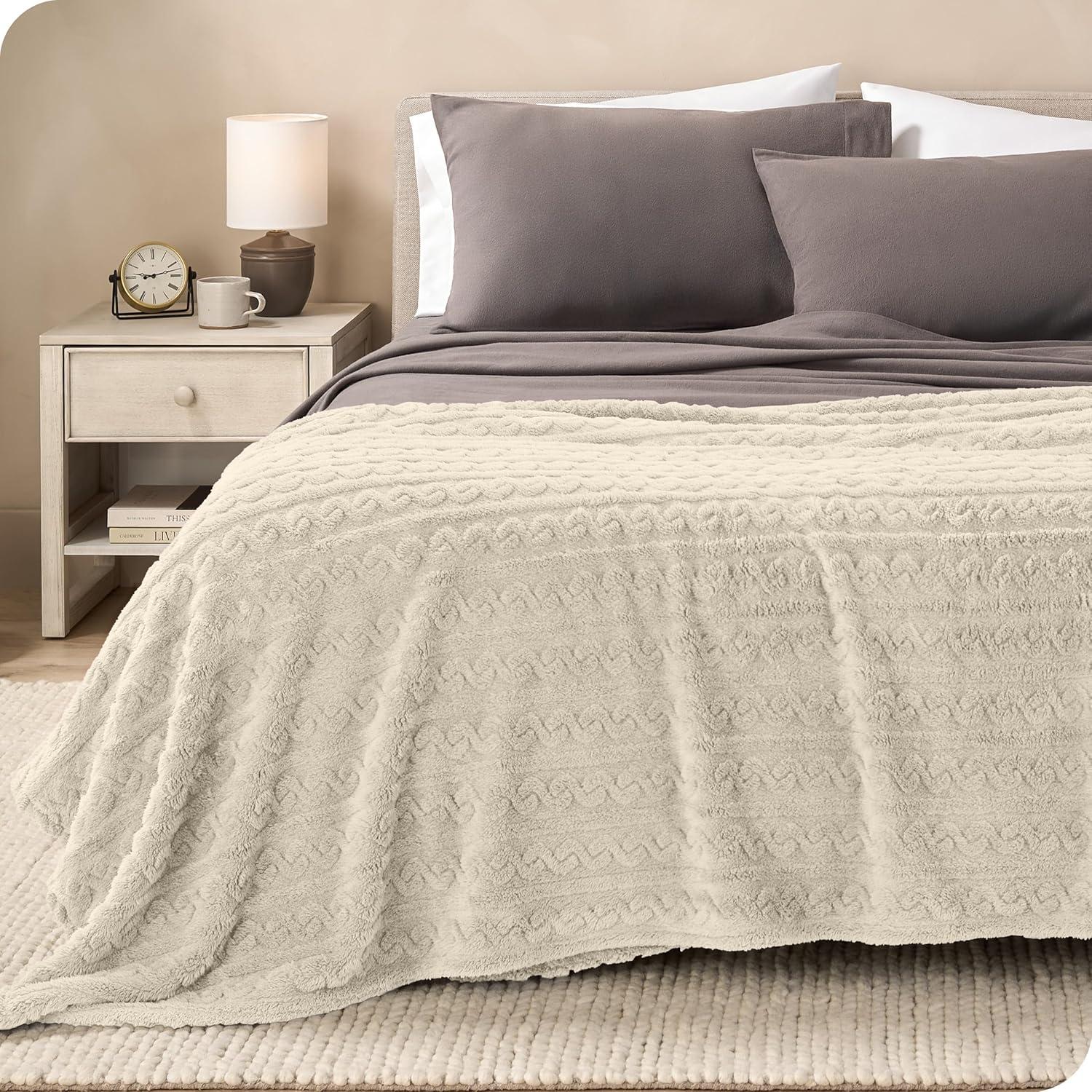 Oyster - Cable Twin/Twin XL Cozy Faux Shearling Bed Blanket by Bare Home