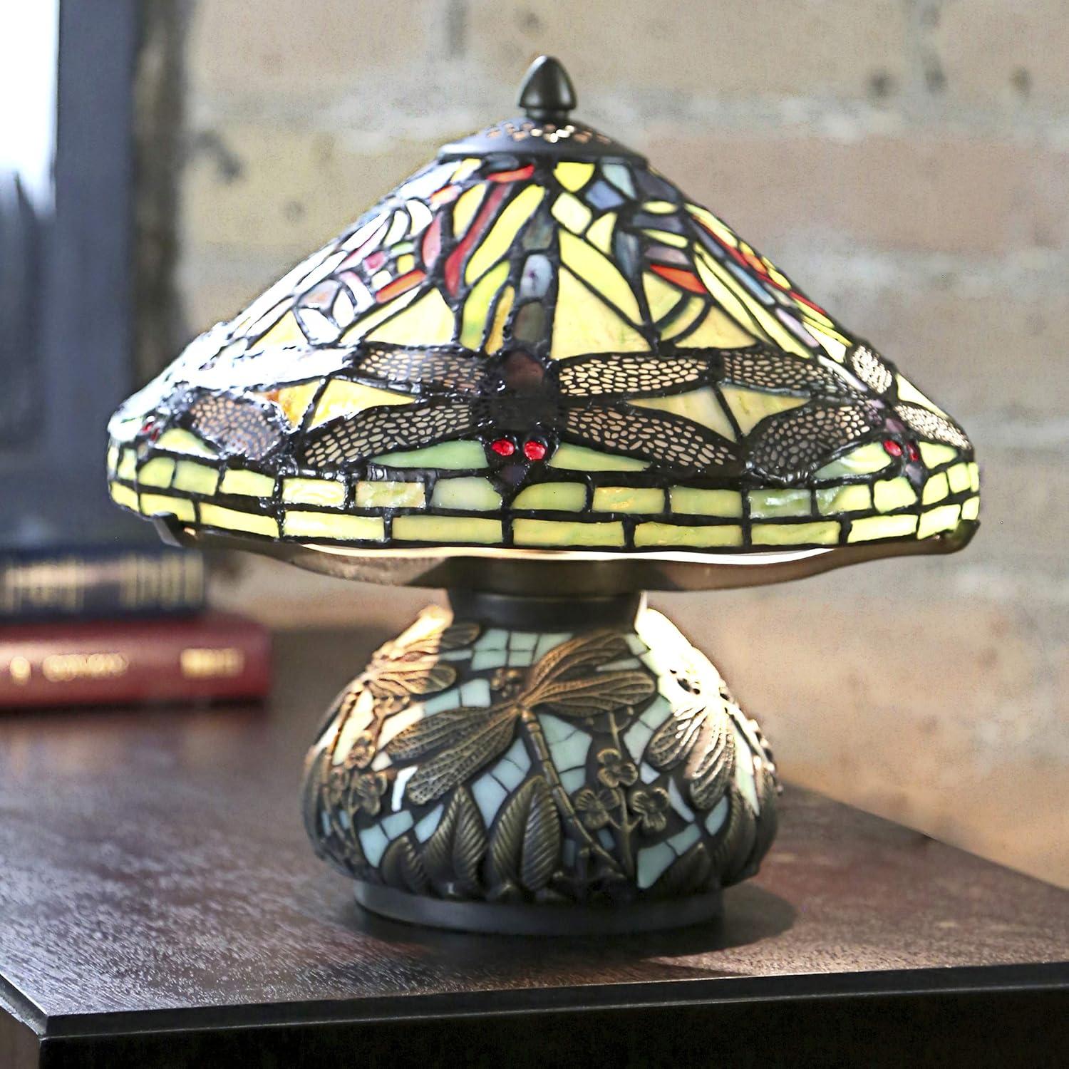 Bronze Mission 10" Stained Glass Dome Table Lamp with Dragonfly Mosaic Base