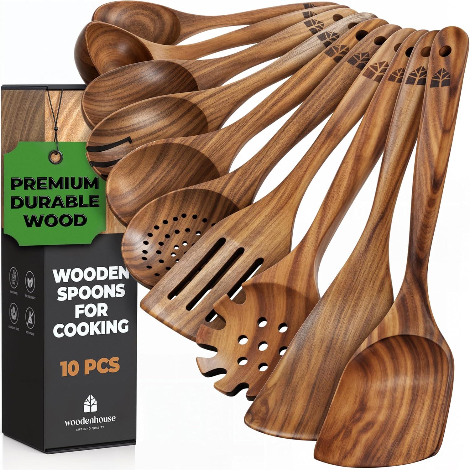 Wooden Spoons for Cooking, 10 Pcs Teak Wood Cooking Utensil Set ‚ Wooden Kitchen Utensils for Nonstick Pans & Cookware ‚ Sturdy, Lightweight & Heat Resistant