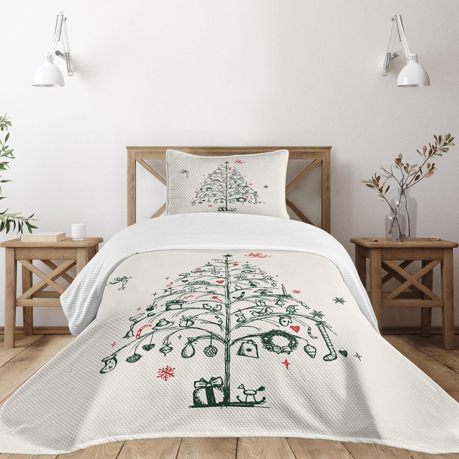 White Twin Christmas Tree Polyester Bedspread Set