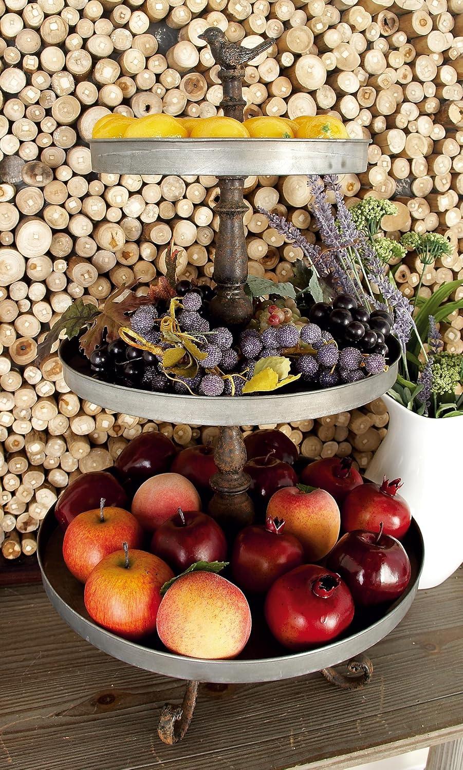 DecMode 16" x 28" Silver Metal Bird 3 Tiered Server with Scrolled Base, 1-Piece