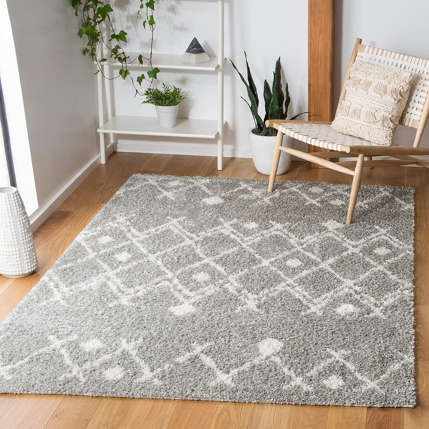 Light Grey and Cream Synthetic Shag Area Rug 6' x 9'