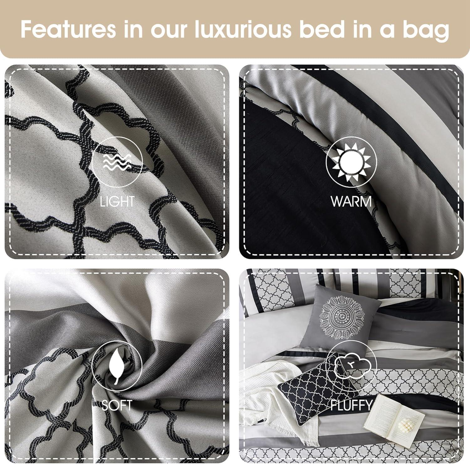 Nanshing Avalon 8 Piece Trellis Moroccan Print Comforter Set, Black/Grey, King