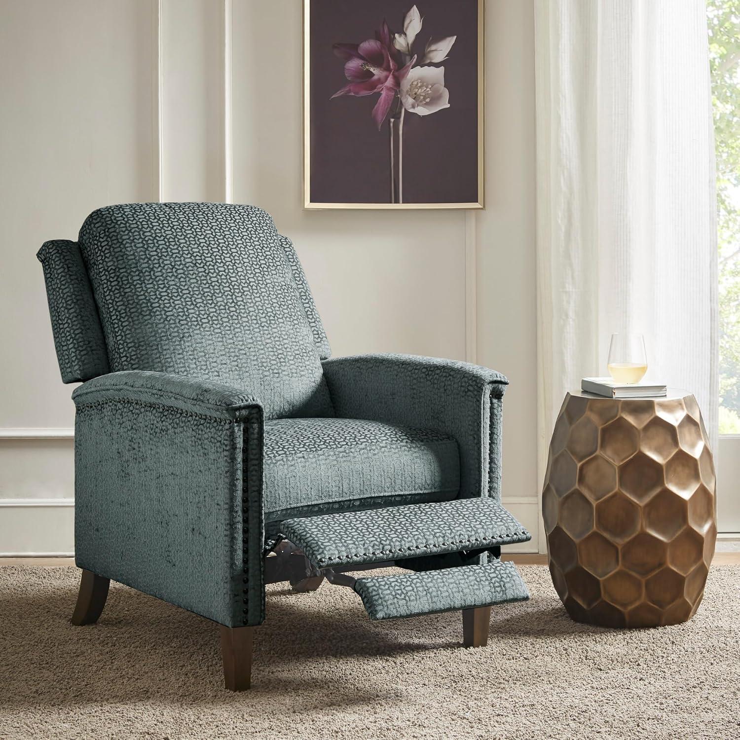 Elegant Gray Velvet Push Back Recliner with Bronze Nailhead Trim