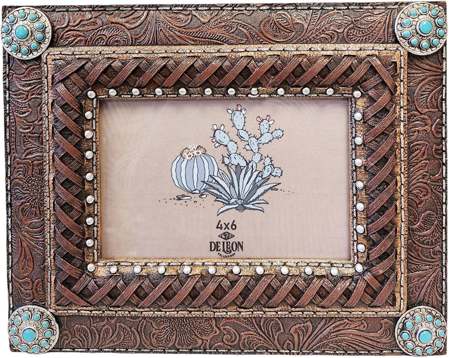 Bungalow Rose Rynisha Faux Tooled Leather Western Rustic Turquoise Concho 6” x 4” Standing Photo Picture Frame