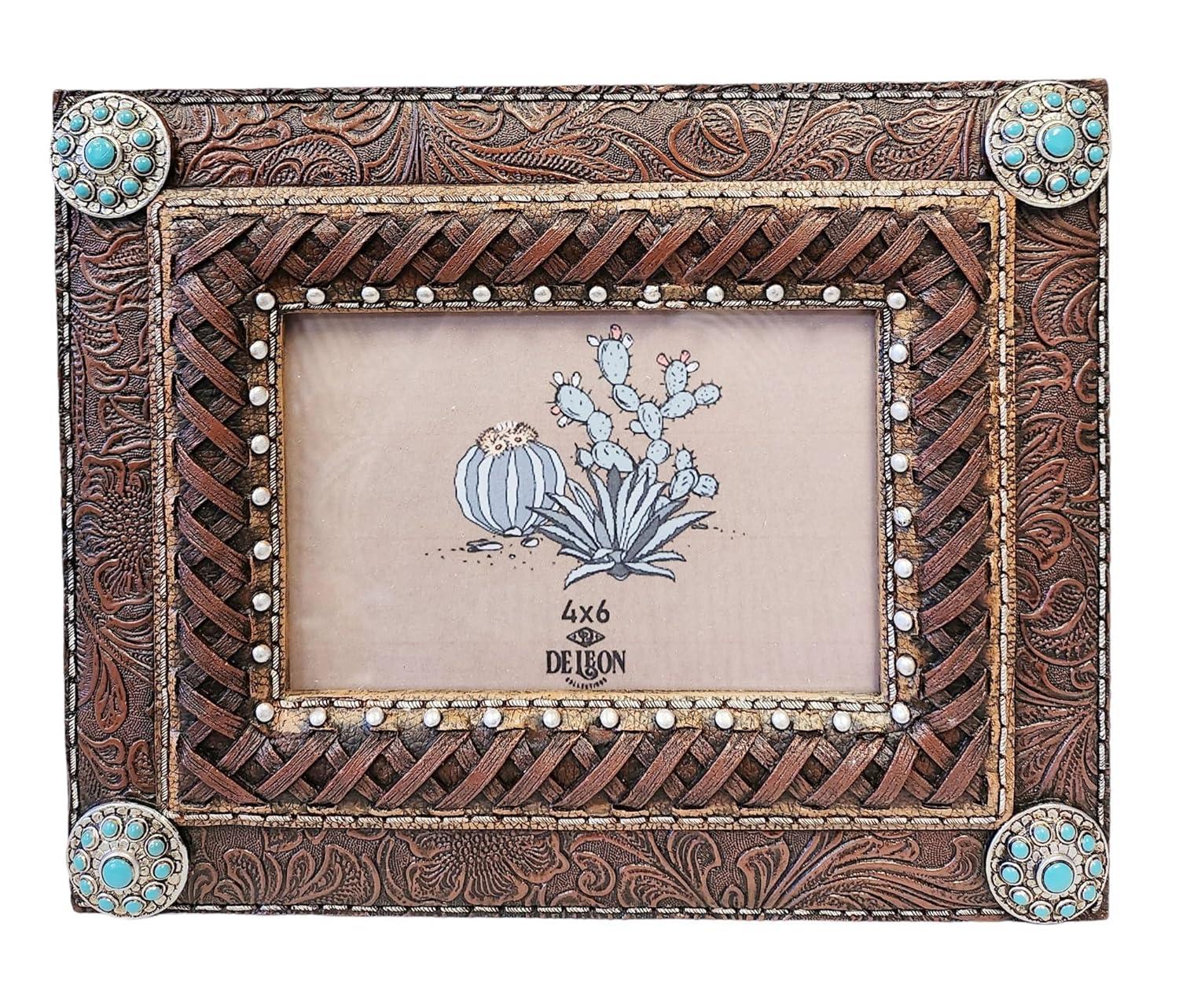 Bungalow Rose Rynisha Faux Tooled Leather Western Rustic Turquoise Concho 6” x 4” Standing Photo Picture Frame
