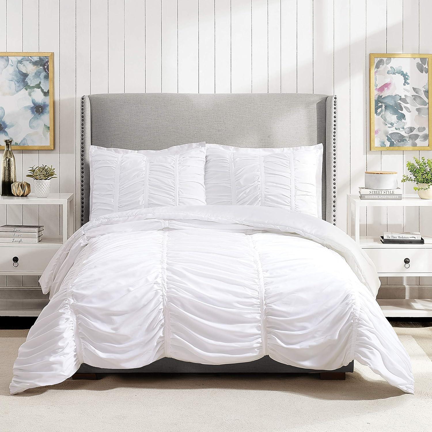 Emily Texture (White) 2-Piece Comforter Set, Ruched All Seasons Bedding, Machine Washable - Twin/Twin XL Size