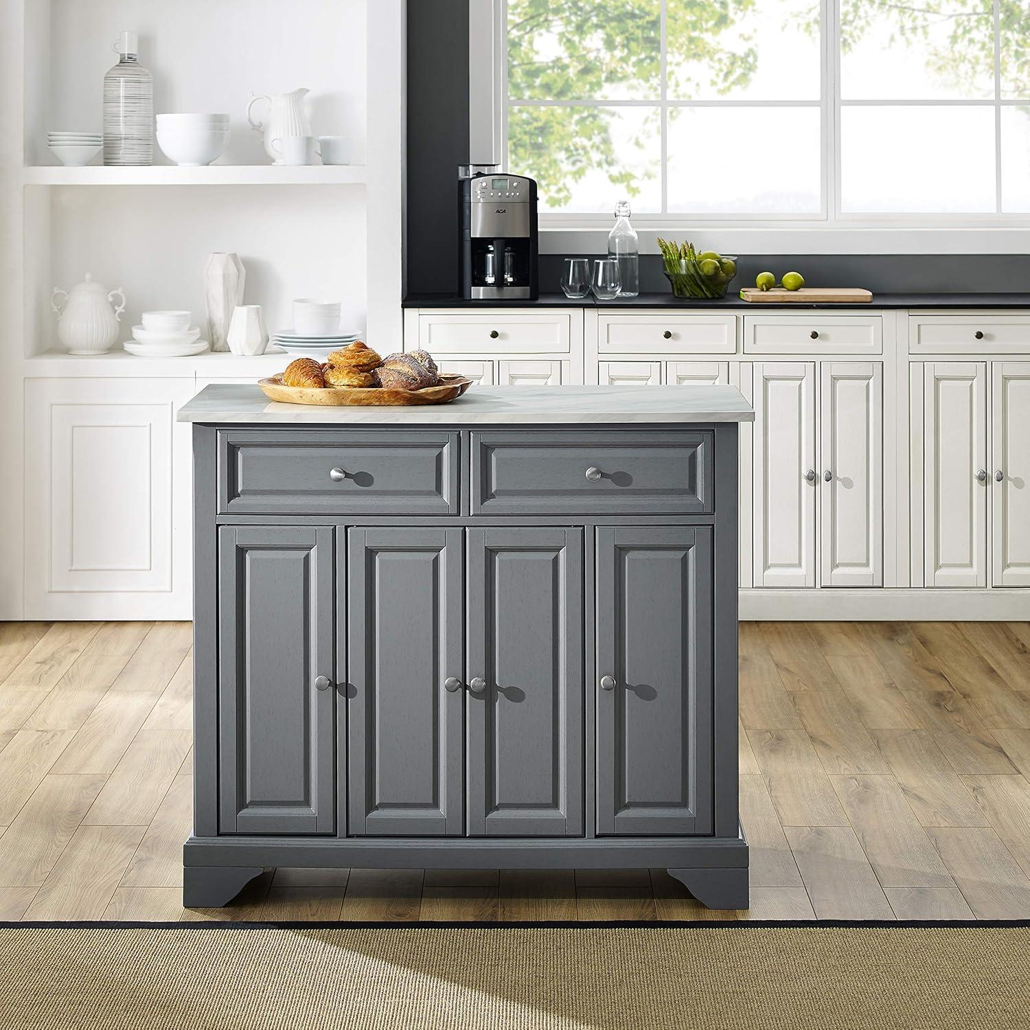 One Allium Way® Kitchen Island With Storage Shelves, Microwave Stand, Coffee Bar, Gray - Birch Veneer, Marble Finish, 2 Drawers & 3 Cabinets, Brushed Nickel Hardware