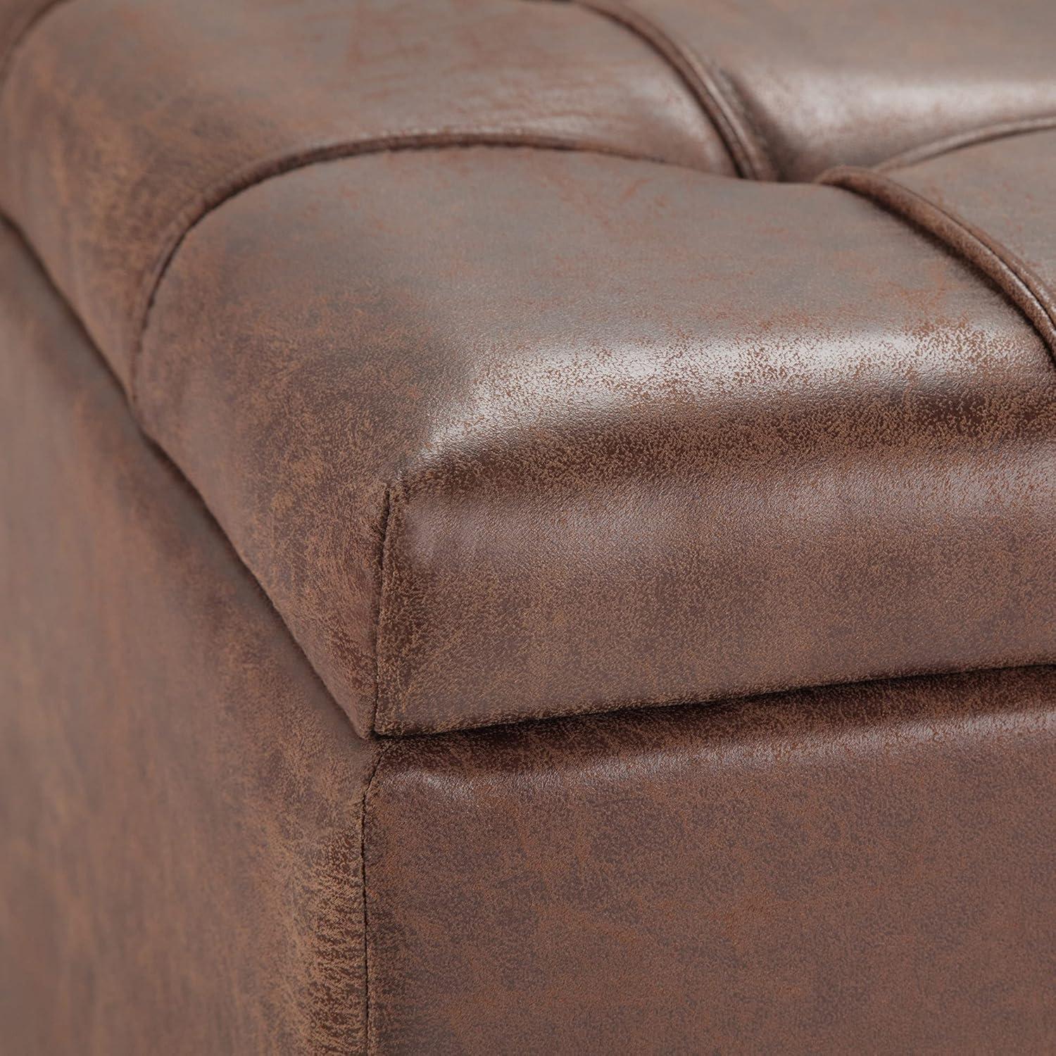 Simpli Home Harrison 36"W Upholstered Square Coffee Table Storage Ottoman with Split Lift Top