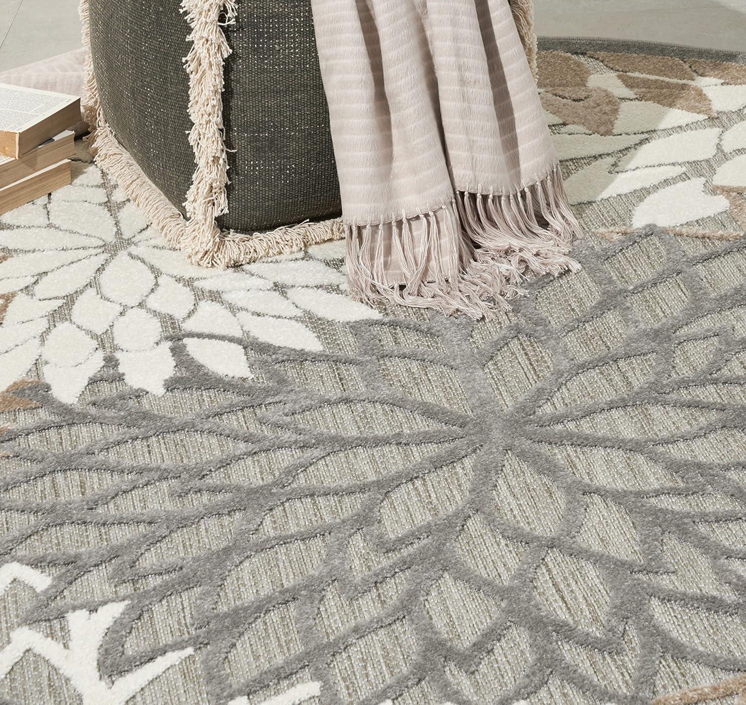 Nourison Aloha Floral Bloom Flatweave High-Low Indoor Outdoor Round Rug Natural 5'3" x 5'3"