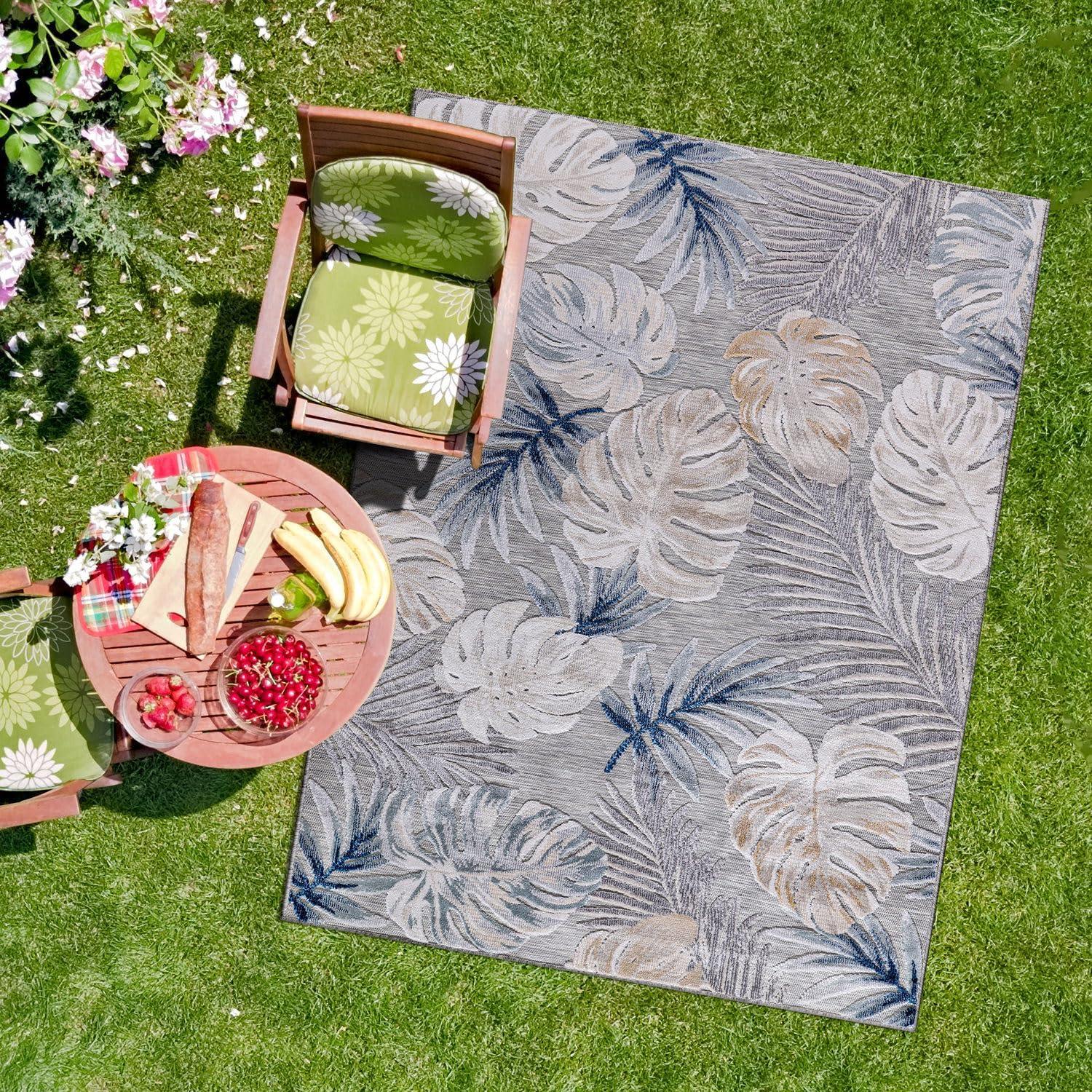 CAMILSON Spring Leaf Tropical Botanical Easy-Cleaning Non-Shedding Washable Outdoor Indoor Area Rug Blue 9x12