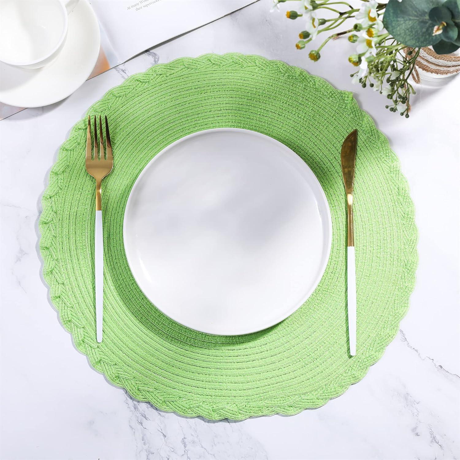 Placemats Set of 6, Lime Green Placemats Set of 6, Round Woven Placemats for Indoor and Outdoor, Washable Woven Placemats for St Patricks Day Placemats, 15 Inch