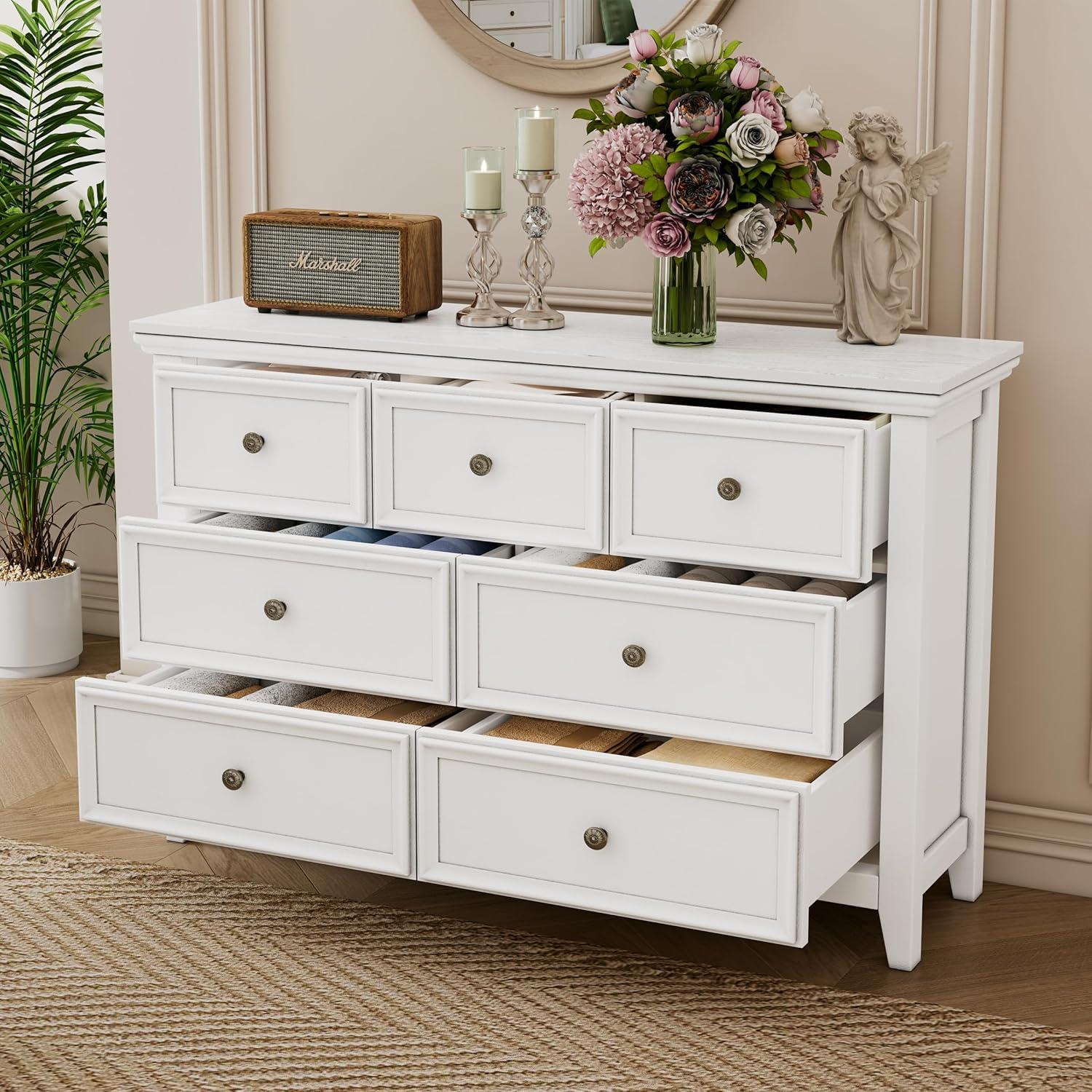 White Modern 7-Drawer Dresser with Metal Handles