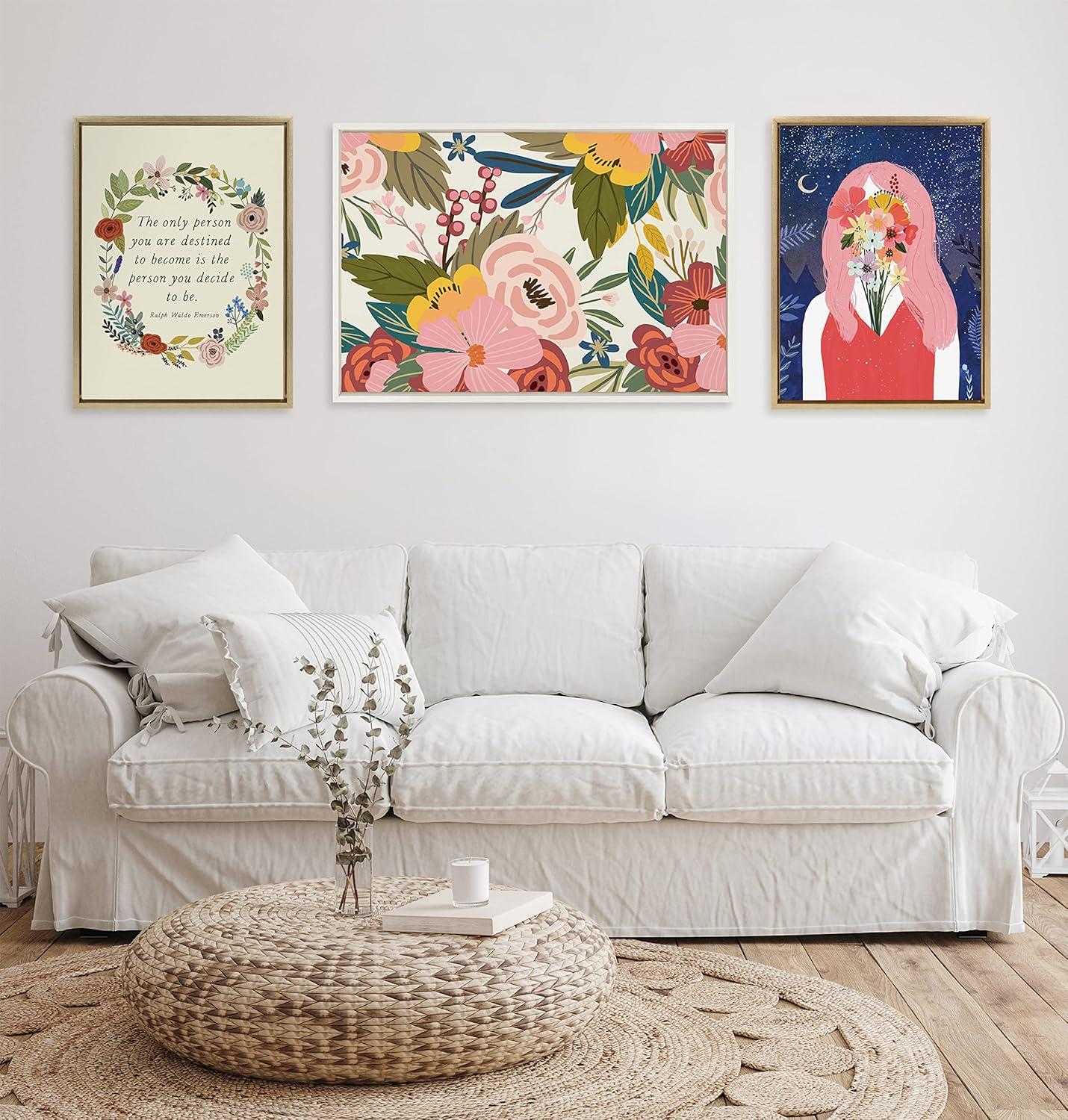 Kate and Laurel Sylvie Softly Framed Canvas Wall Art by Mia Charro, 23x33 White, Modern Fun Abstract Colorful Botanical Flower Art for Wall