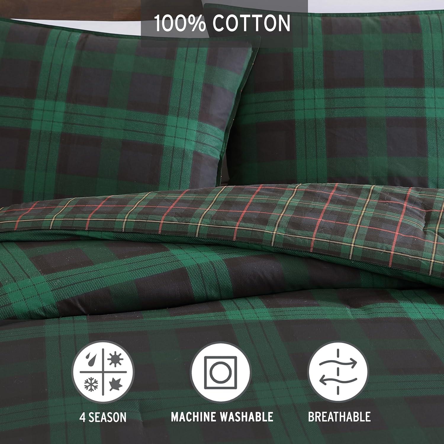 Full/Queen Woodland Tartan Reversible Duvet Cover Set Green - Eddie Bauer: Cotton, OEKO-TEX Certified, 3-Piece