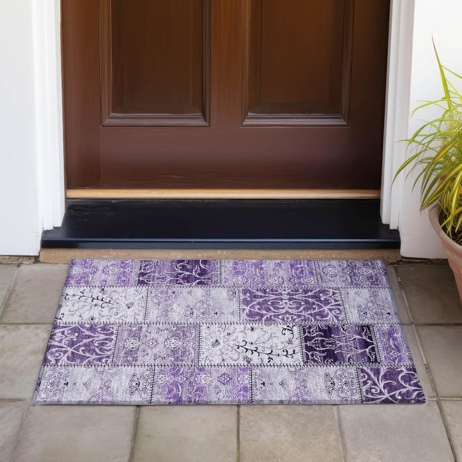 Purple Rectangular Synthetic Flat Woven Washable Rug