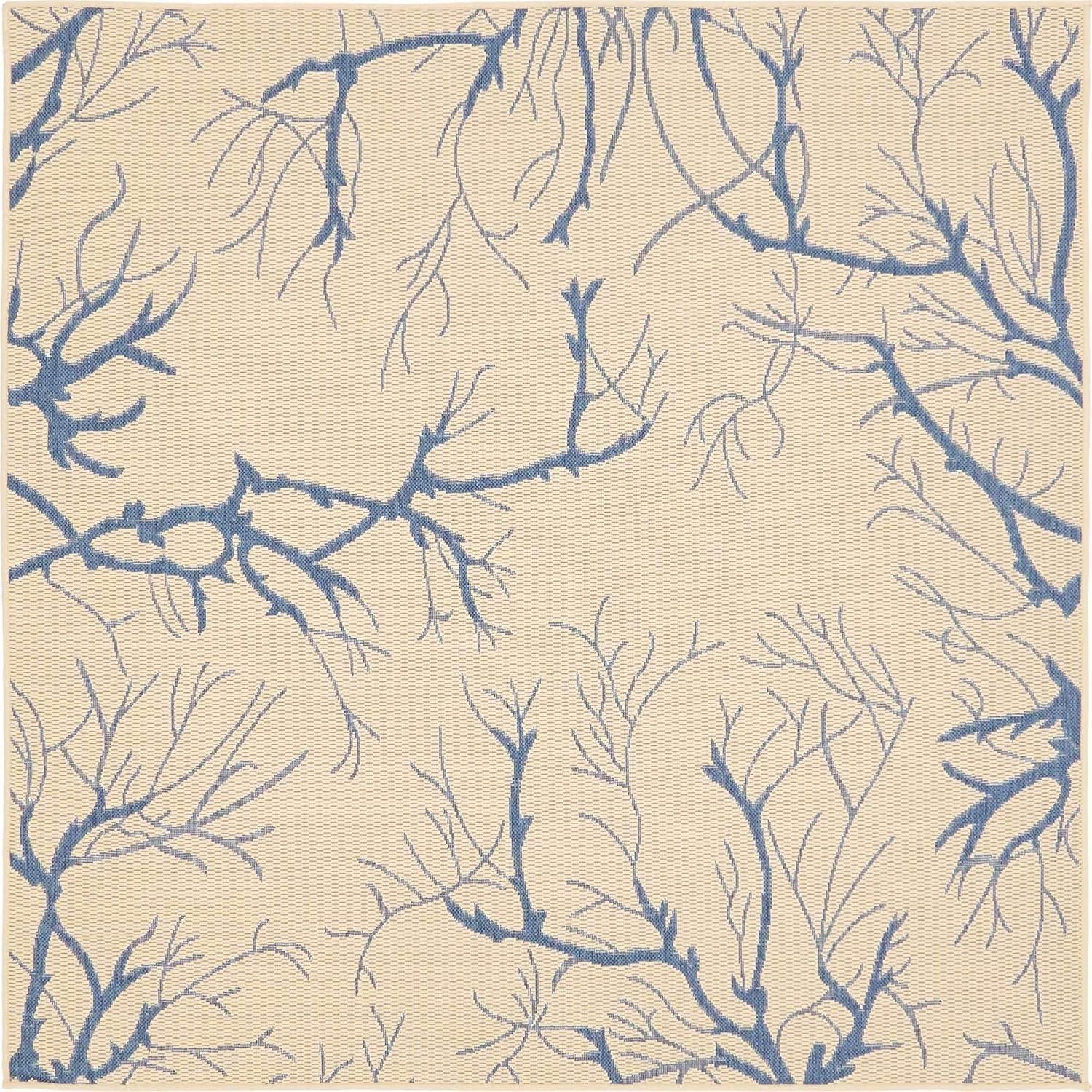 Unique Loom Outdoor Botanical Collection Area Rug - Branch (6' 1" Square Beige and Blue/Blue)