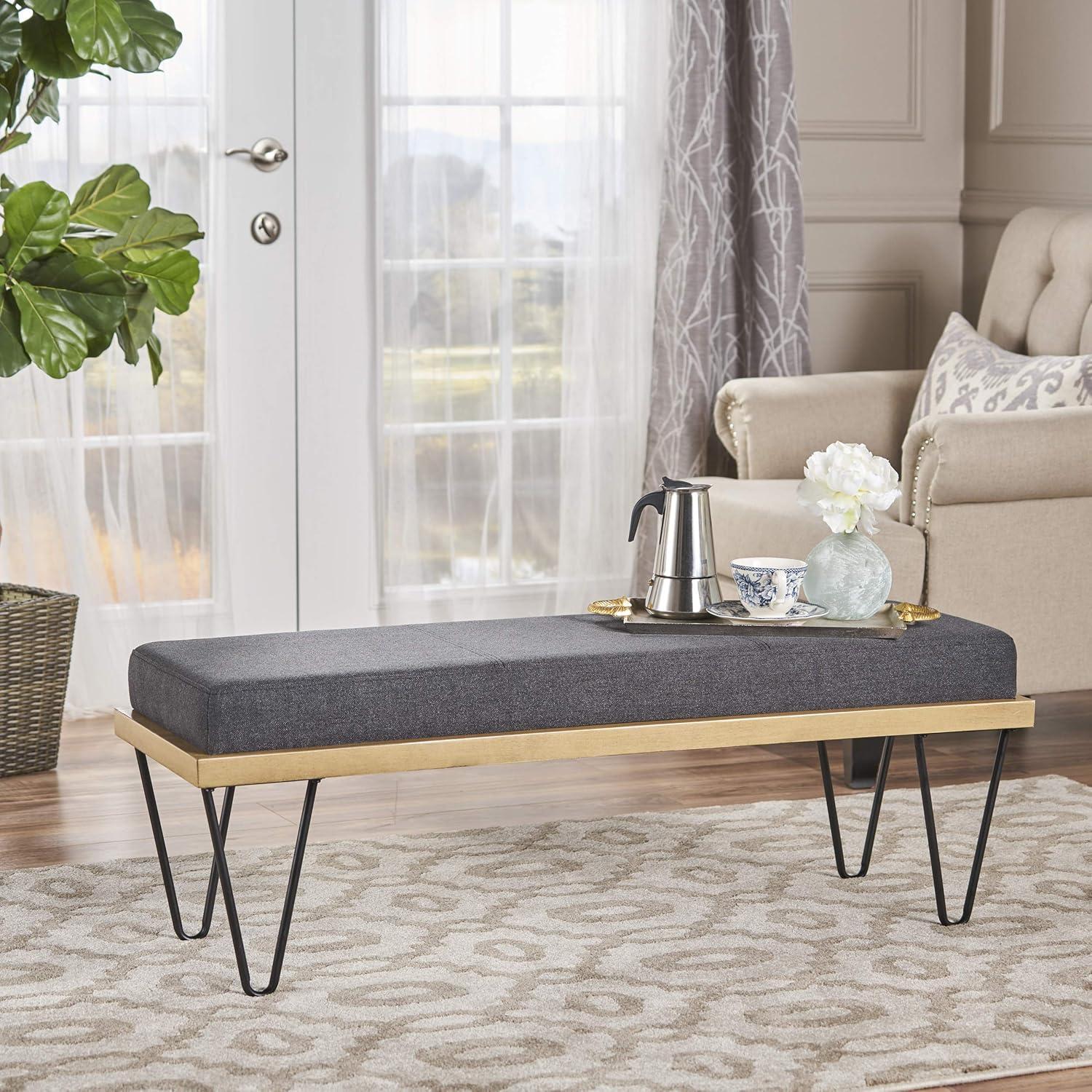 Elaina Dark Charcoal Fabric Bench with Matte Black Hairpin Legs