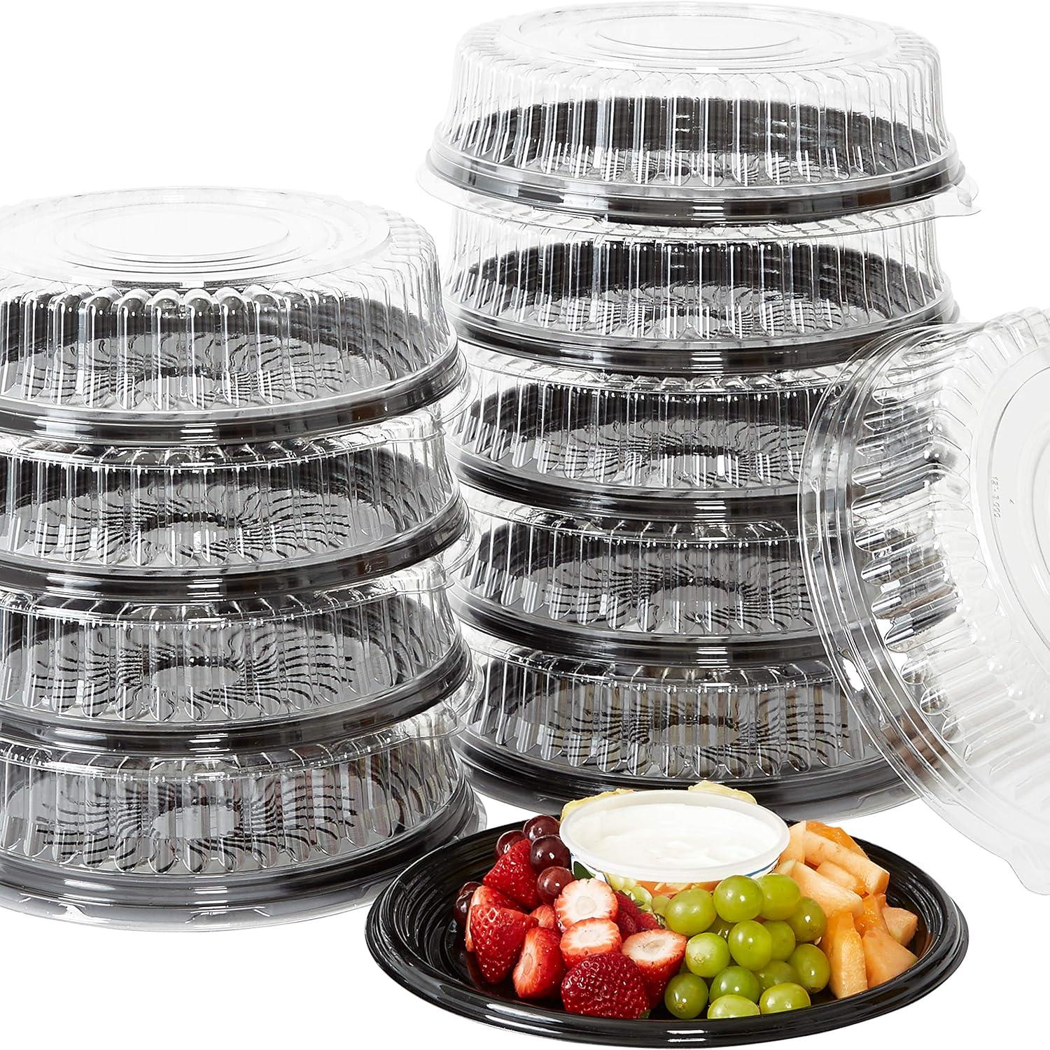 Black 12-Inch Round Plastic Catering Trays with Clear Lids, 10 Pack