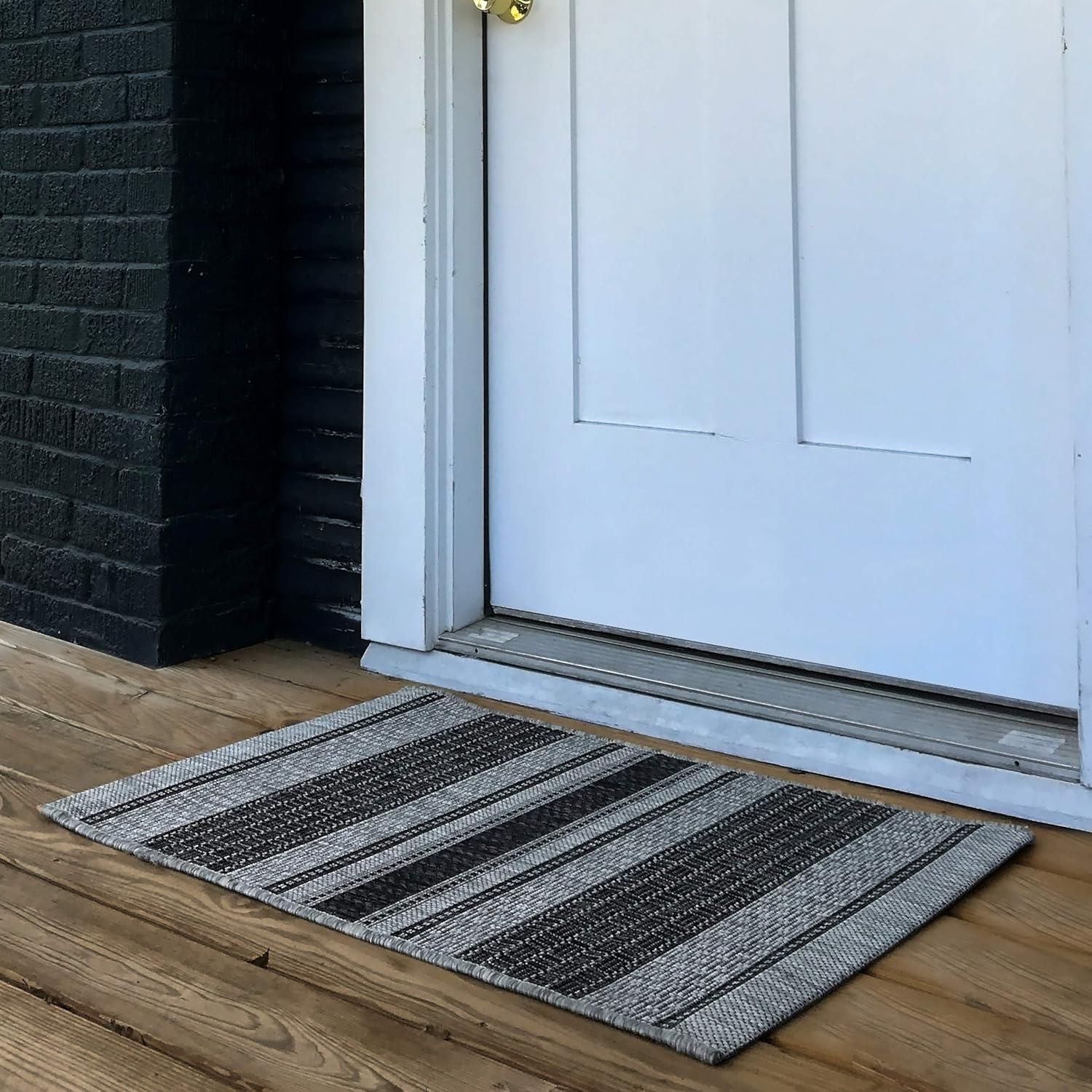 Grey and Black Stripe Synthetic Rectangular Rug