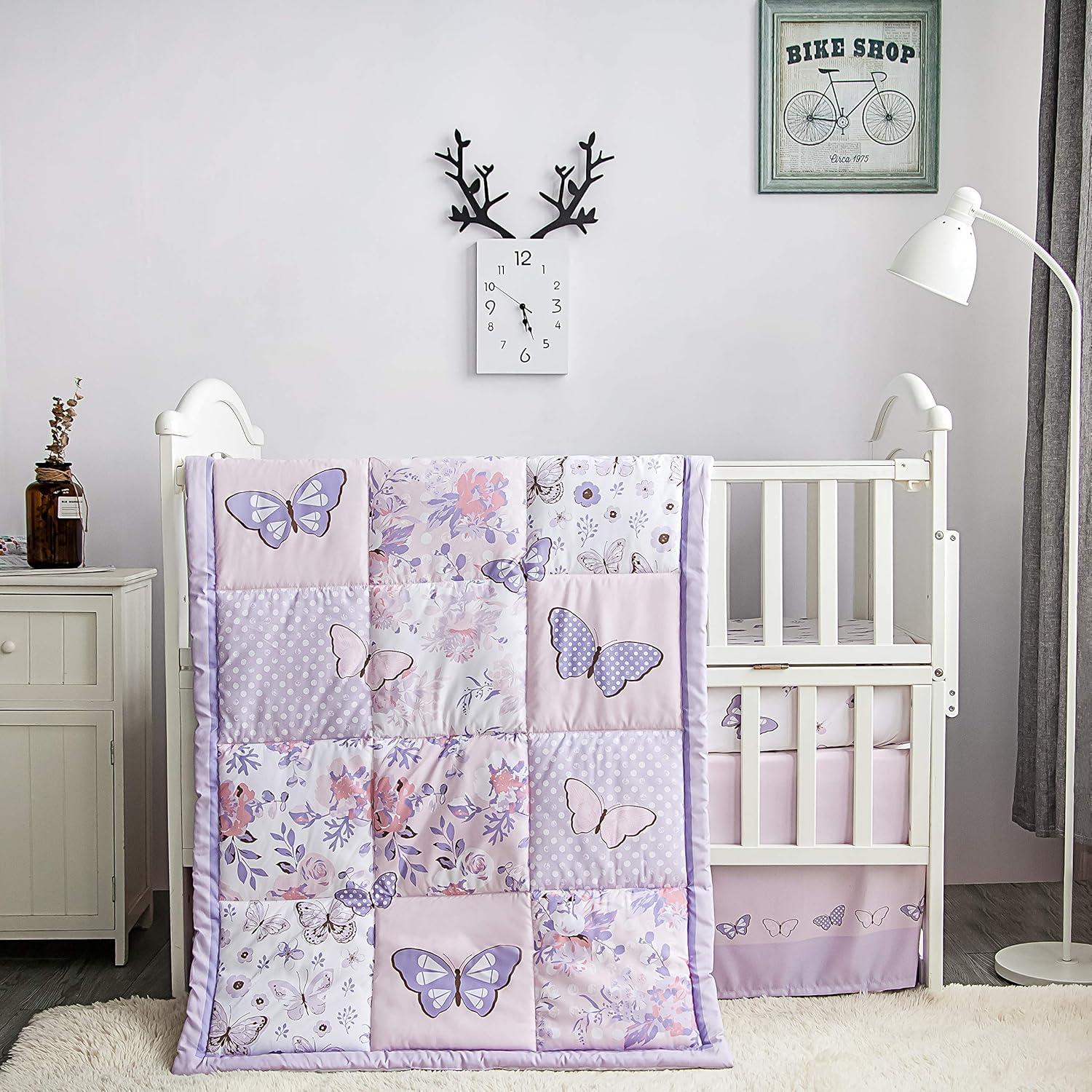 La Premura 3-Piece Purple Butterfly Baby Crib Bedding Set for Girls, Lilac Standard Size Crib Set for Baby Girl, Comforter, Fitted Sheet, and Dust Ruffle Skirt, Baby Nursery Floral Design for Girls