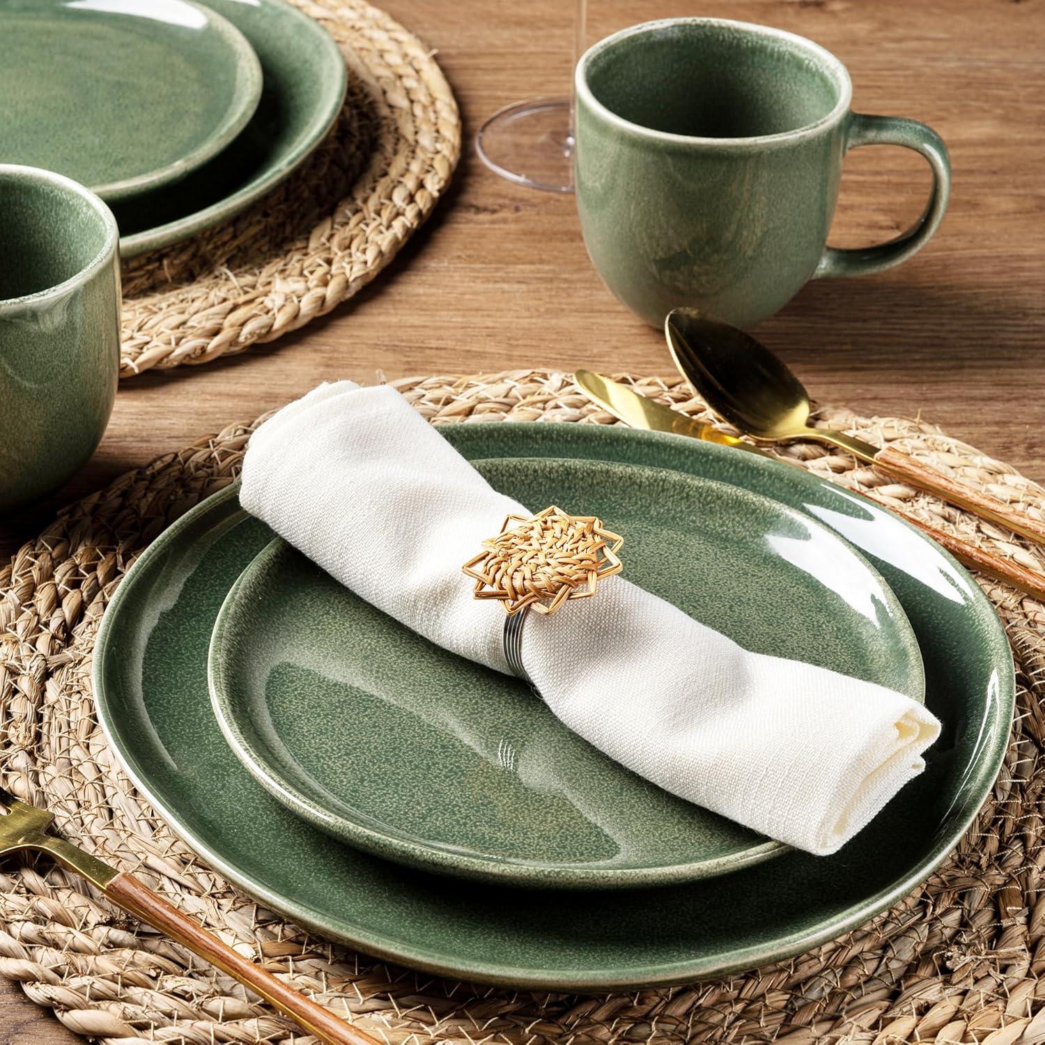 Olive Green and White Ceramic Dinnerware Set for 4