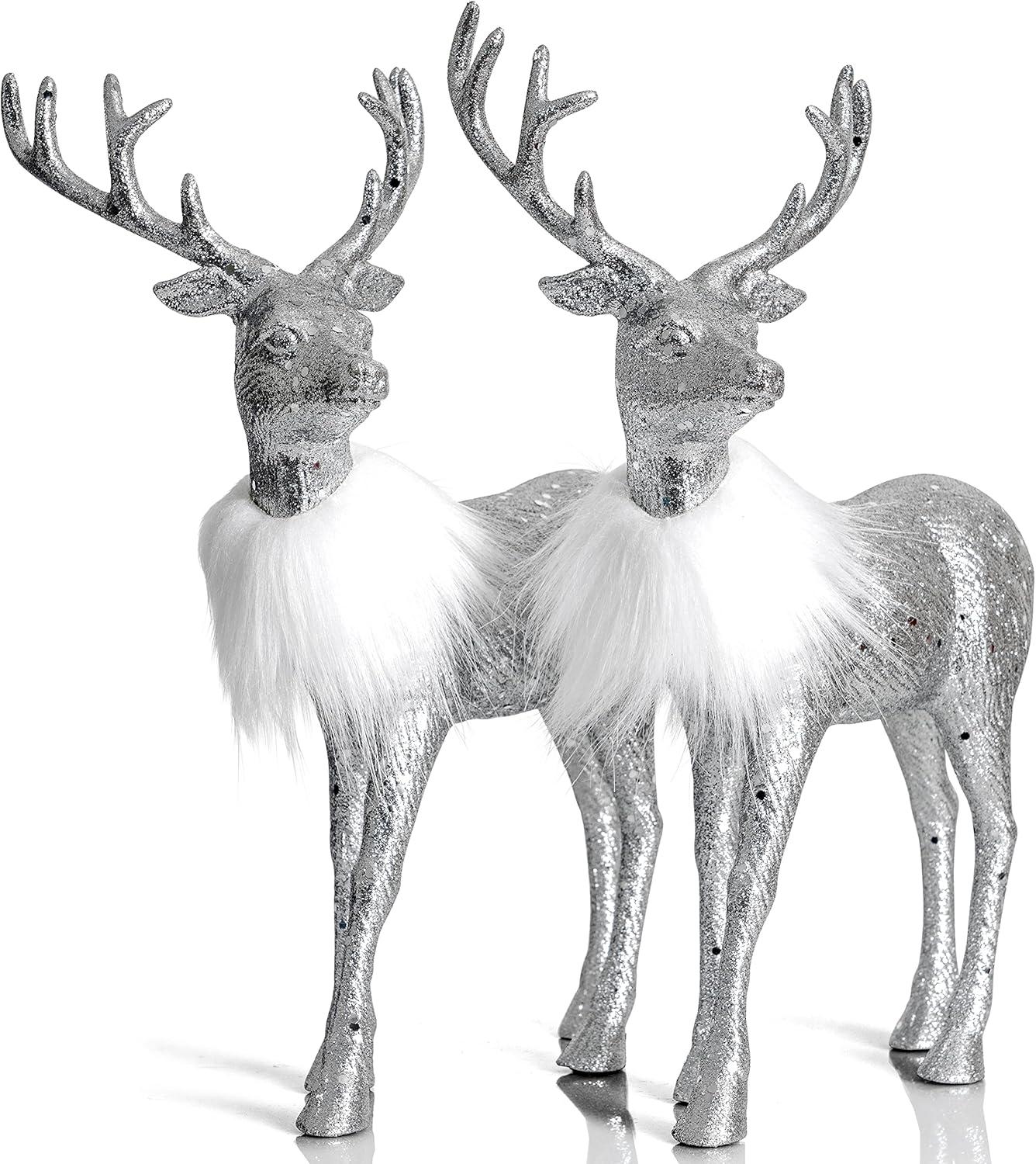 Ornativity Glitter Christmas Reindeer Figurines-  Silver - Pack of 2