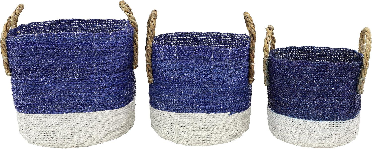 DecMode 17", 15", 13"W Blue Seagrass Handmade Two Toned Storage Basket with Handles, 3-Pieces