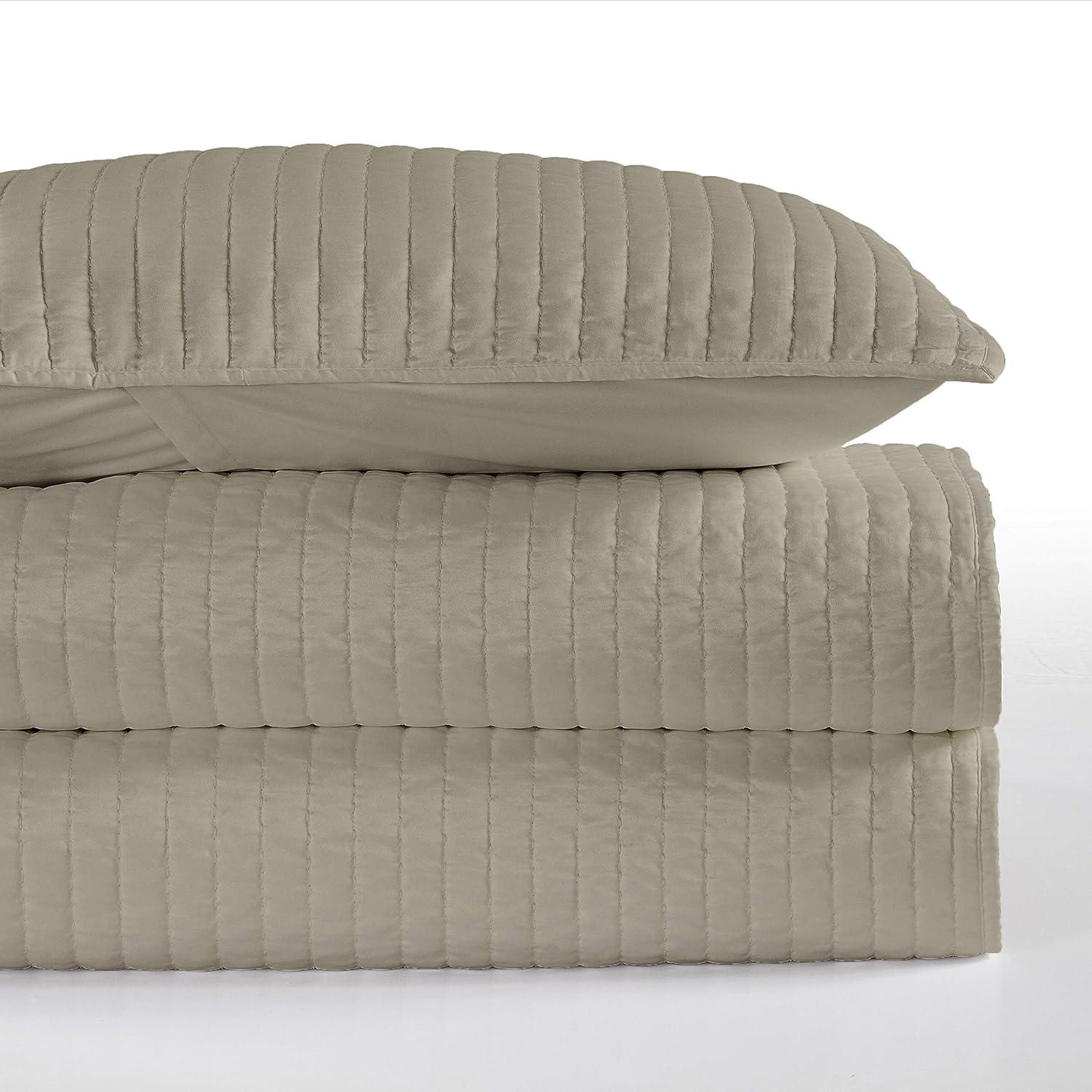 Twin Taupe Cotton Reversible Quilt Set with Pillow Shams