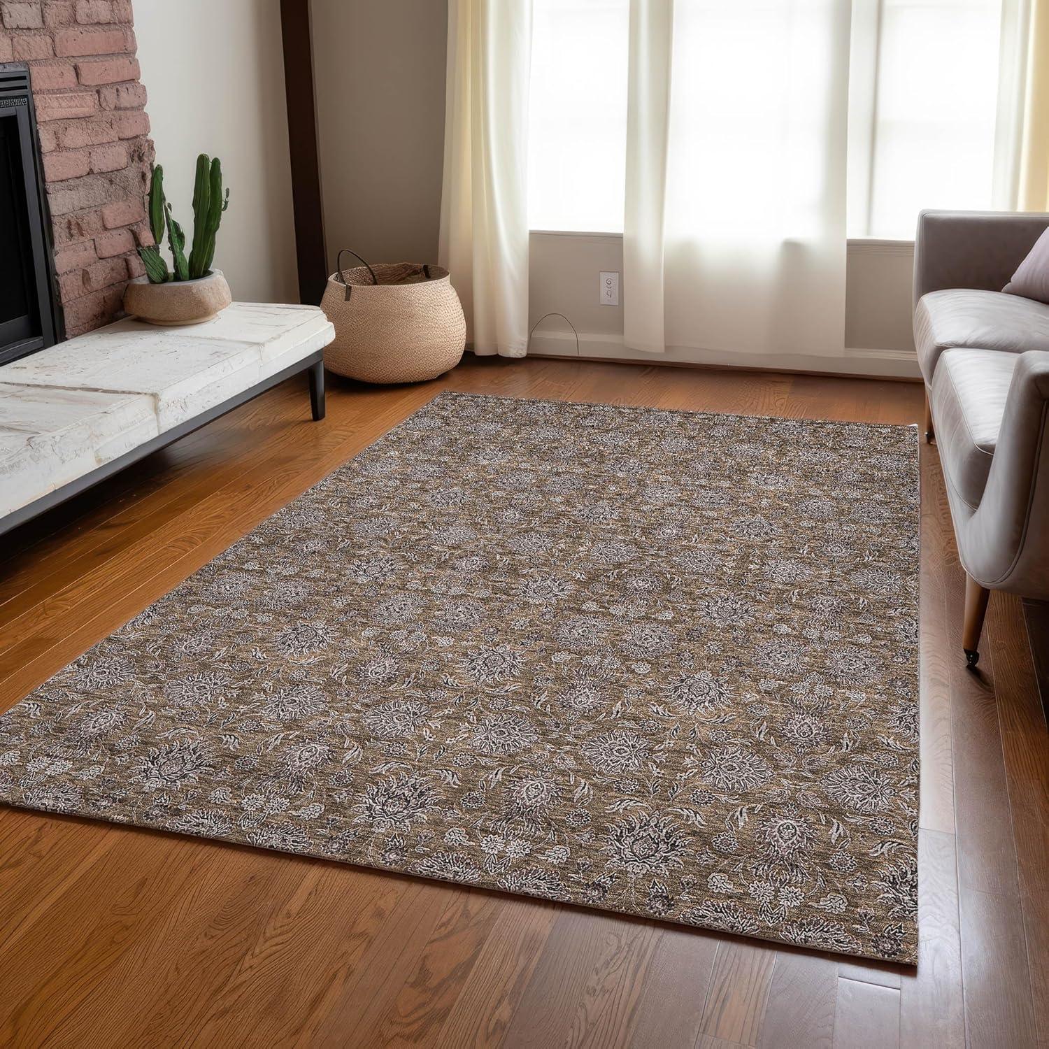 Chocolate Floral Patterned Synthetic Indoor/Outdoor Rug 5' x 7'