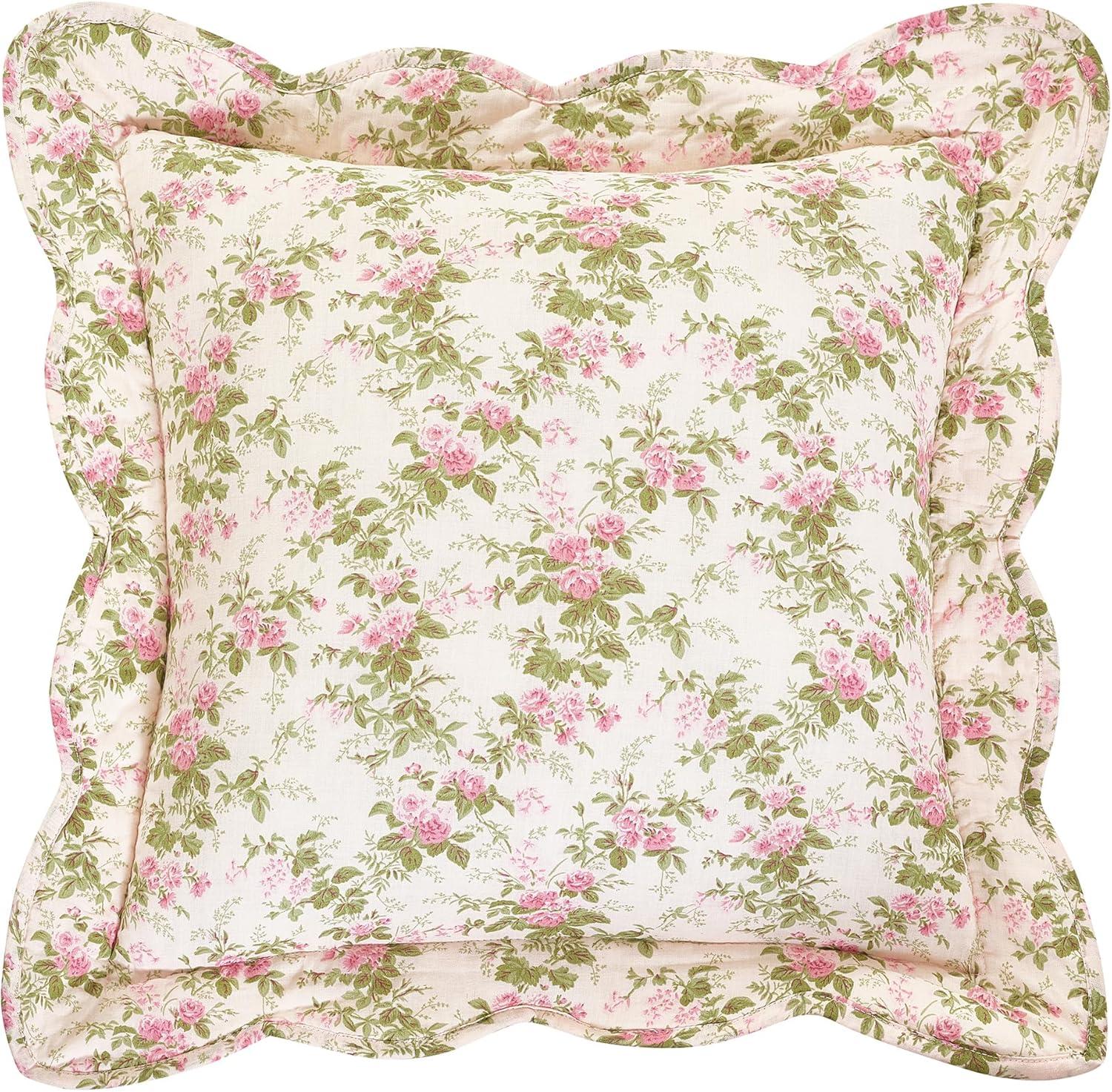 Ivory and Pink Embroidered Floral Square Pillow