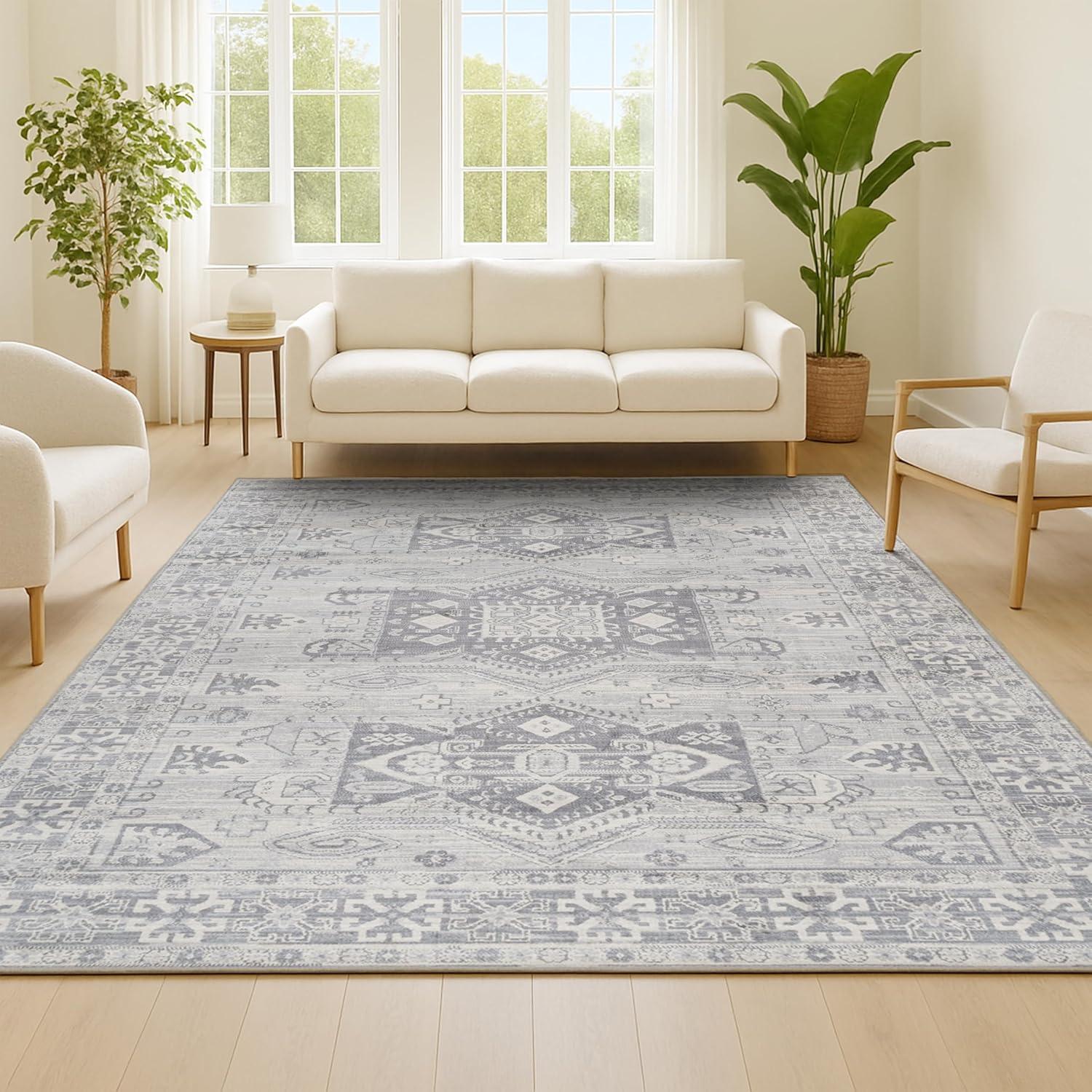 4'x6' Modern Persian Vintage Medallion Area Rug, Light Gray - JONATHAN Y