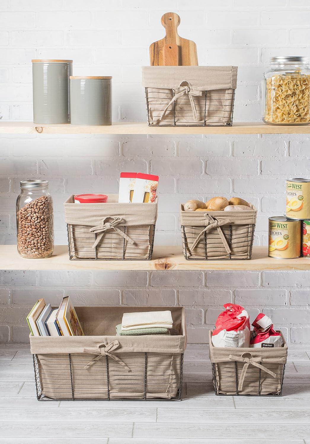 Rustic Country Rectangular Wire Basket Set with Beige Liners, Set of 3