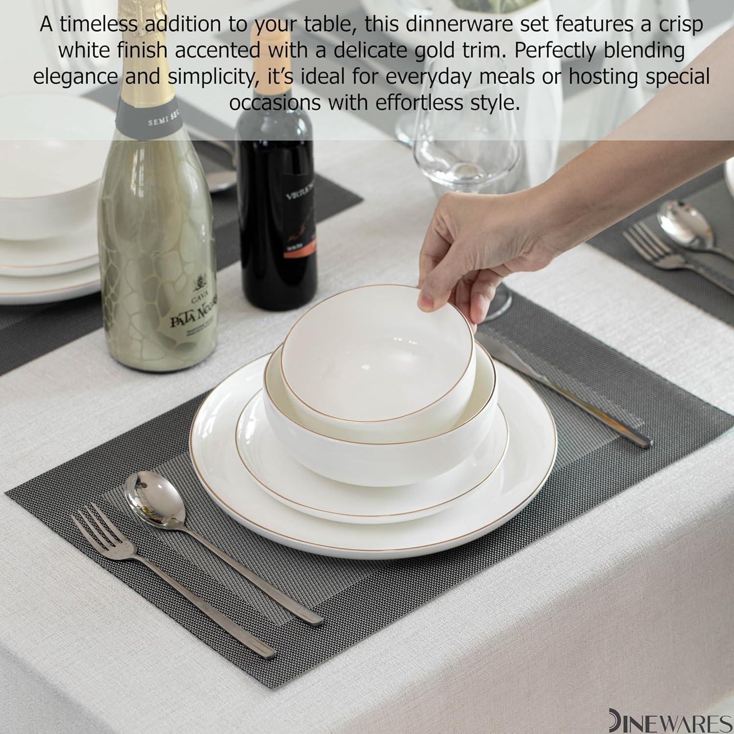 Dinewares White with Gold Rim Bone China Dinnerware Set - Service for 8, Includes Dinner Plates, Salad Plates, and Cereal or Soup Bowls