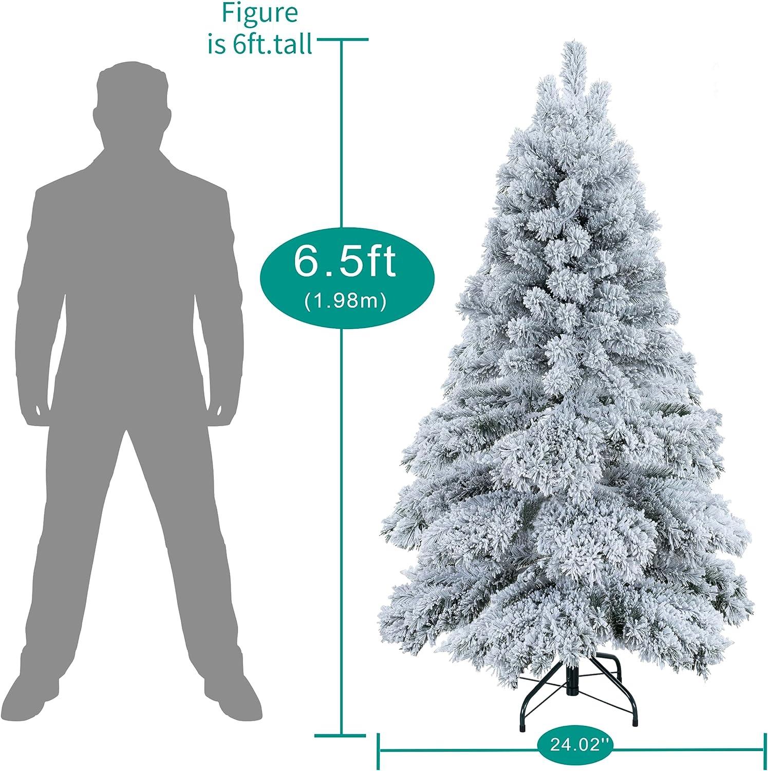 Naomi Home 6.5ft Snow Flocked Christmas Tree with Lights, Realistic Frosted Christmas Tree Prelit with 892 Branch Tips, 450 Warm Lights and Metal Stand, Aritificial Christmas Tree