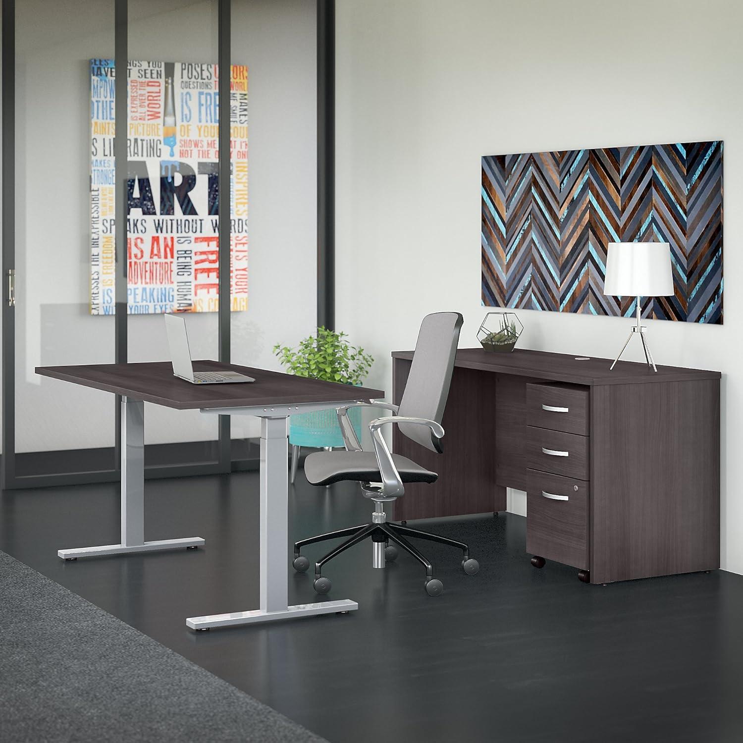 Bush Business Furniture Studio C 60W x 30D Height Adjustable Standing Desk, Credenza and Mobile File Cabinet, Storm Gray